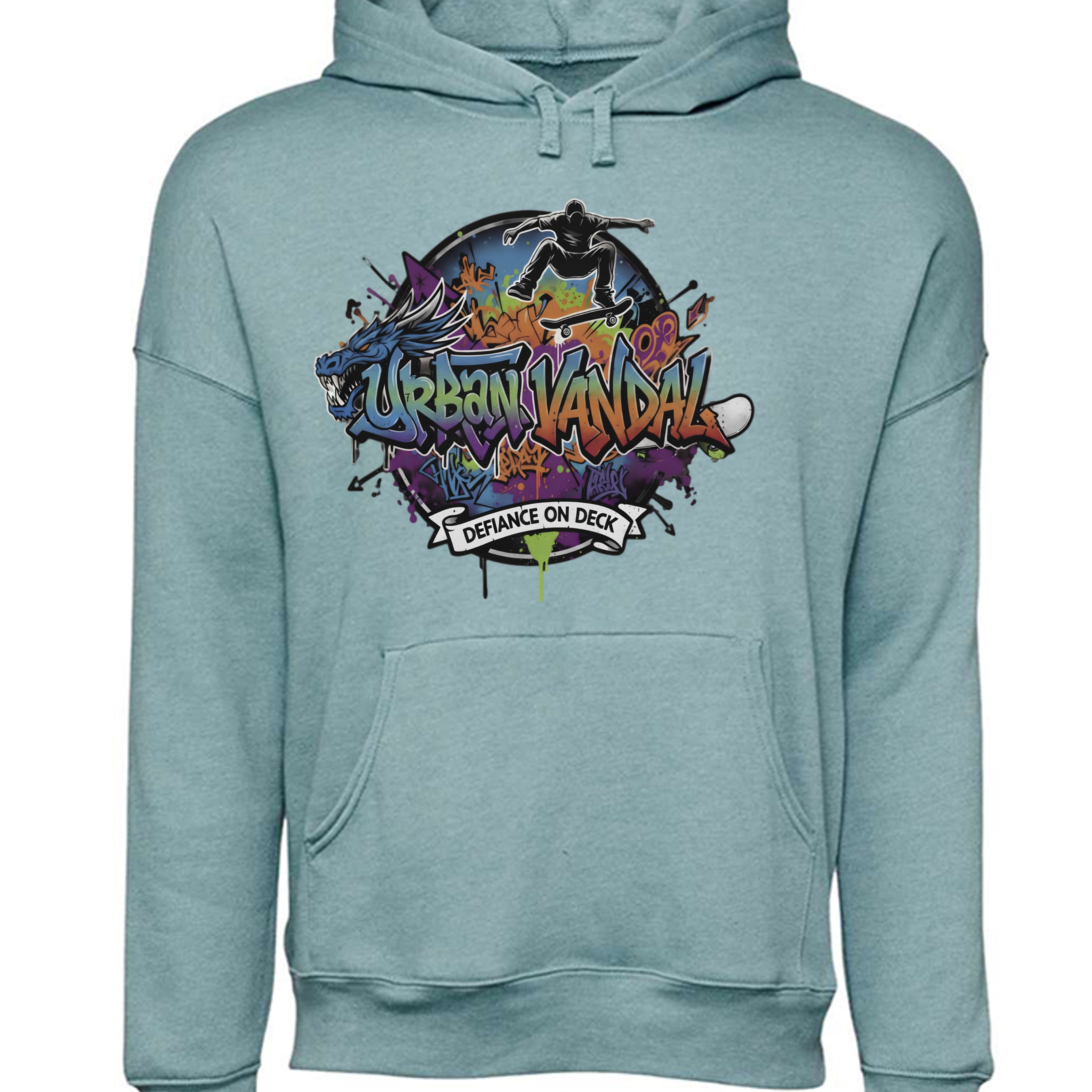 Urban Vandel Defiance on Deck hoodie graphic with colorful graffiti circle, skateboarder, and dragon art.