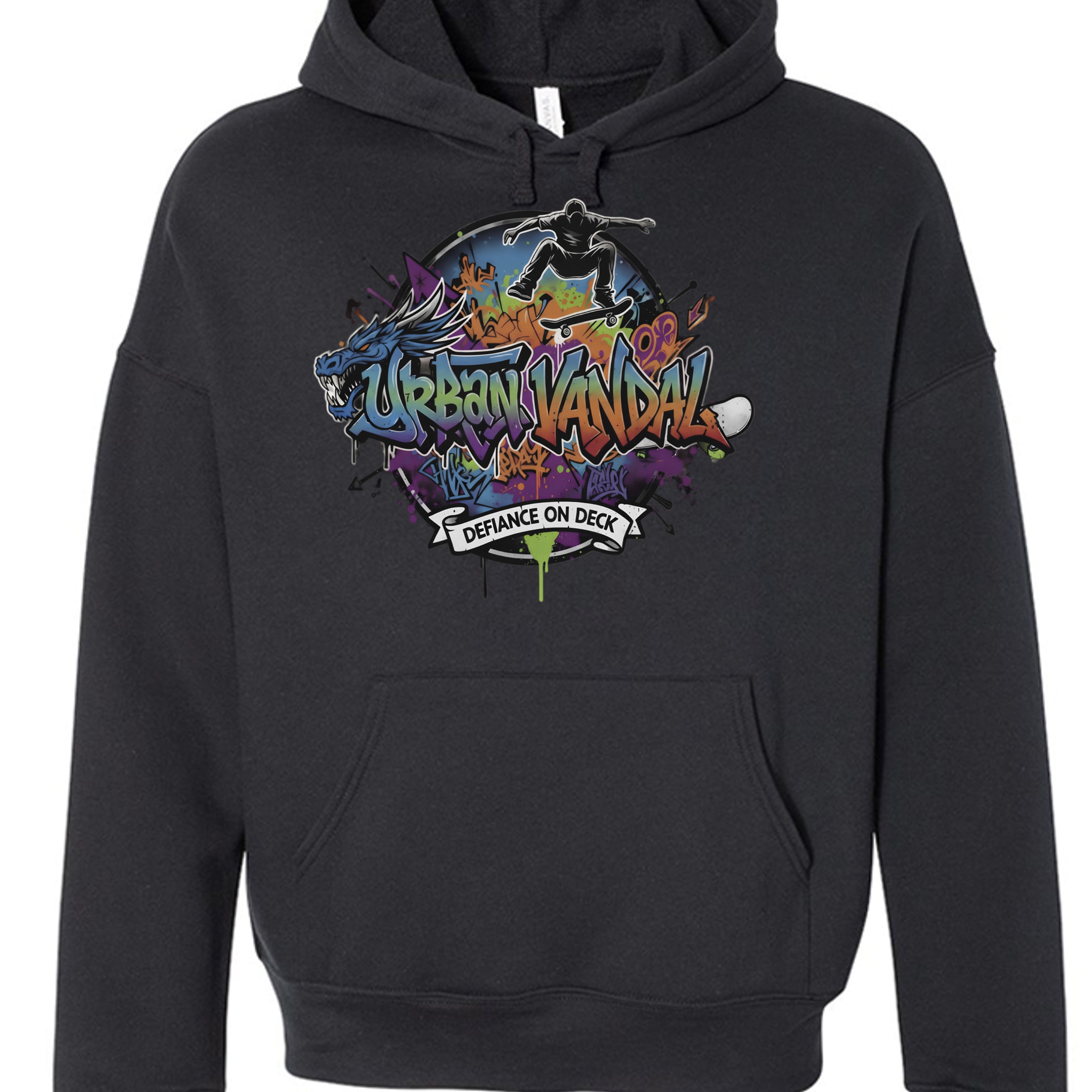 Black hoodie with Urban Vandel: Defiance on Deck graffiti graphic featuring a skateboarder and dragon.