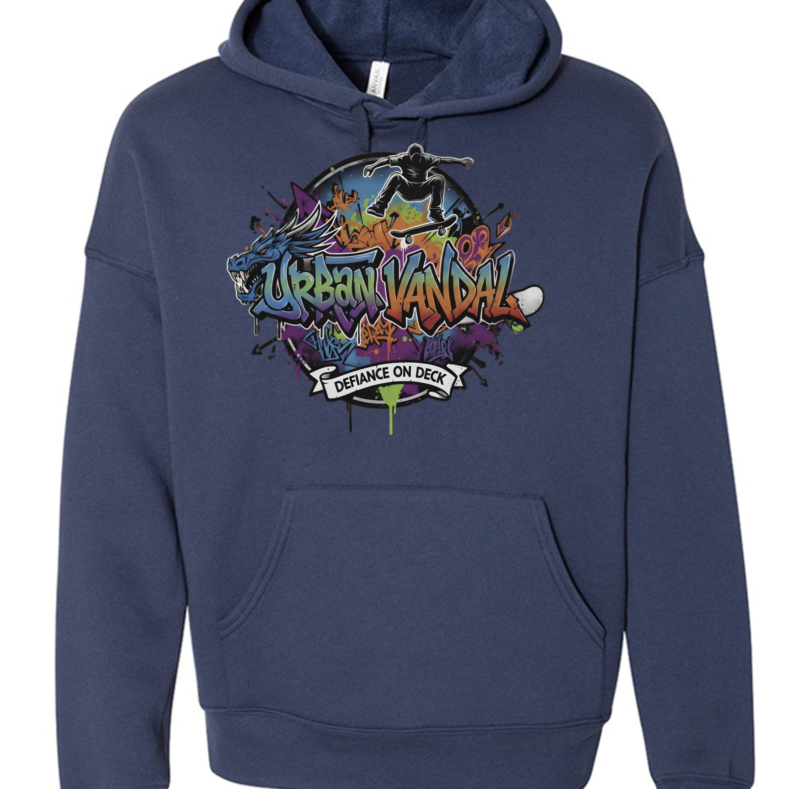 Urban Vandel Defiance on Deck Hoodie in navy with bold graffiti skateboard artwork