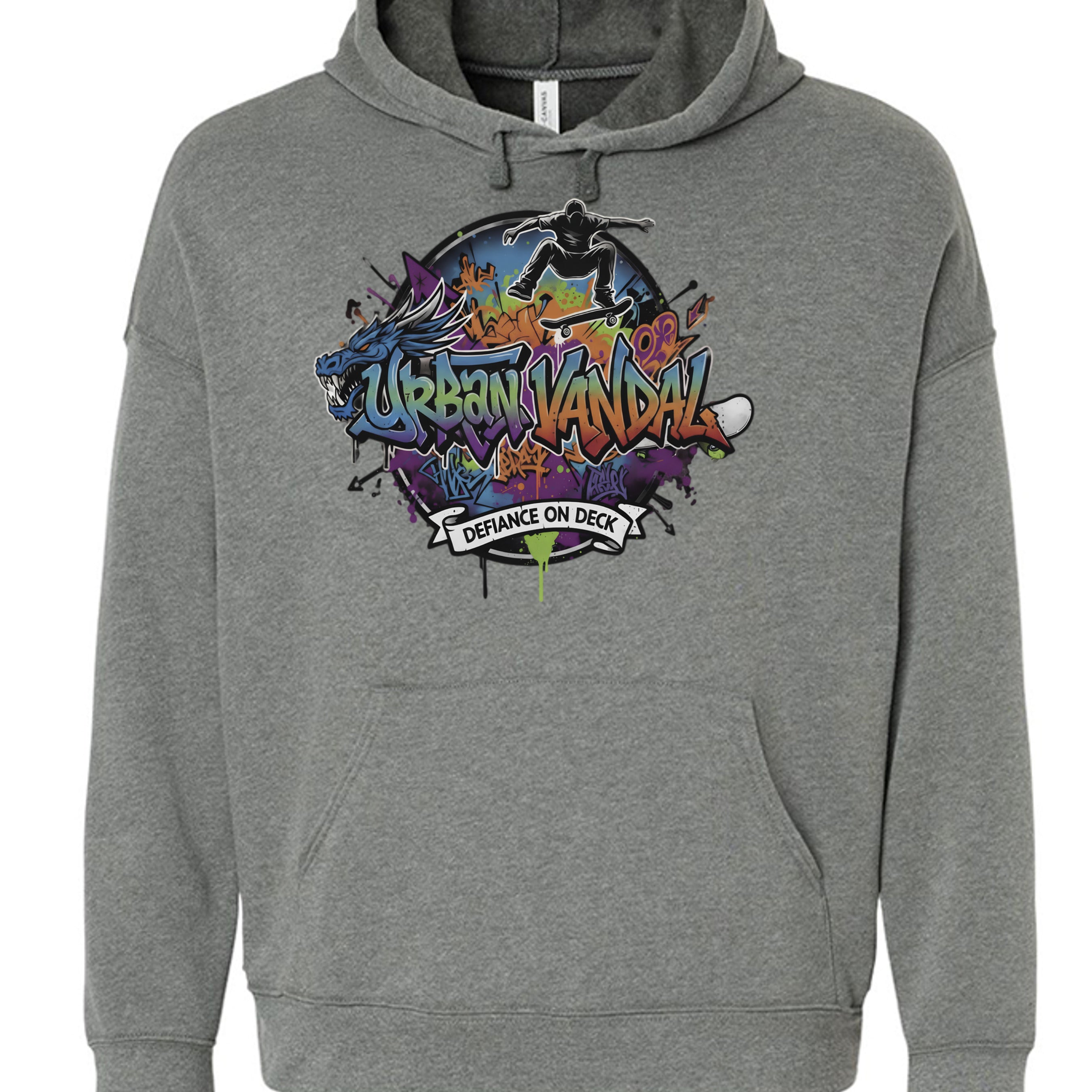 Urban Vandel Defiance on Deck hoodie with a vibrant graffiti circle, skateboarder, and dragon design.