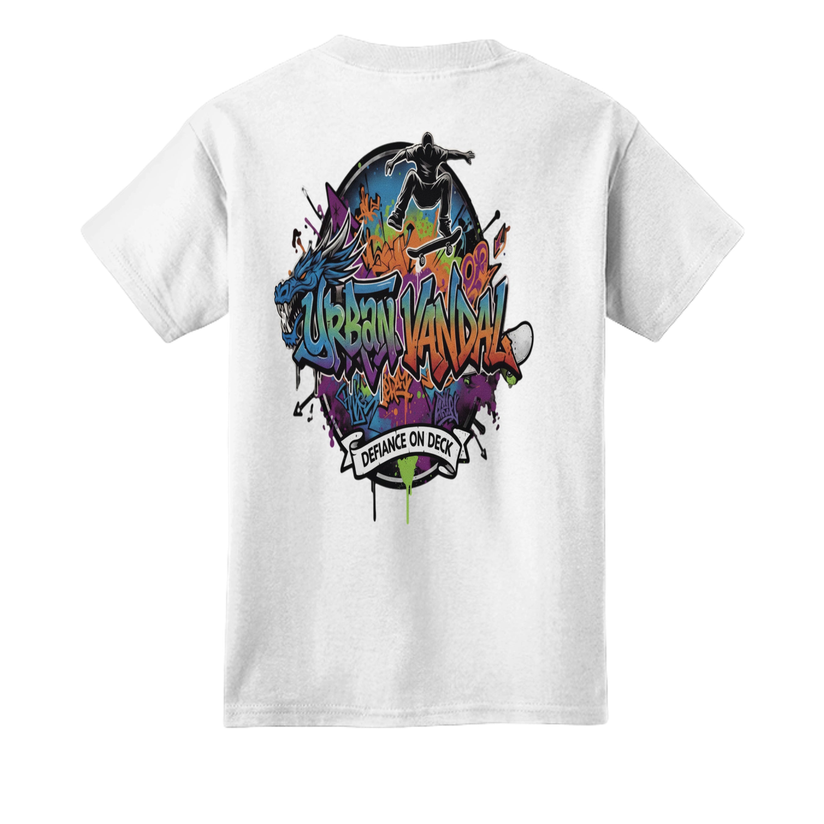 Urban Vandel Defiance On Deck youth skateboard tee with jumping rider amid colorful graffiti.
