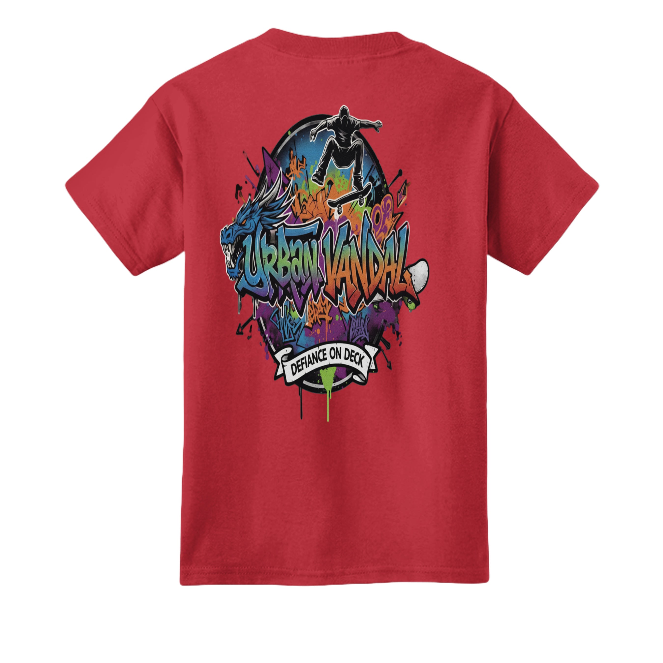 Urban Vandel Defiance On Deck skateboard youth tee on red shirt with vibrant graffiti art.