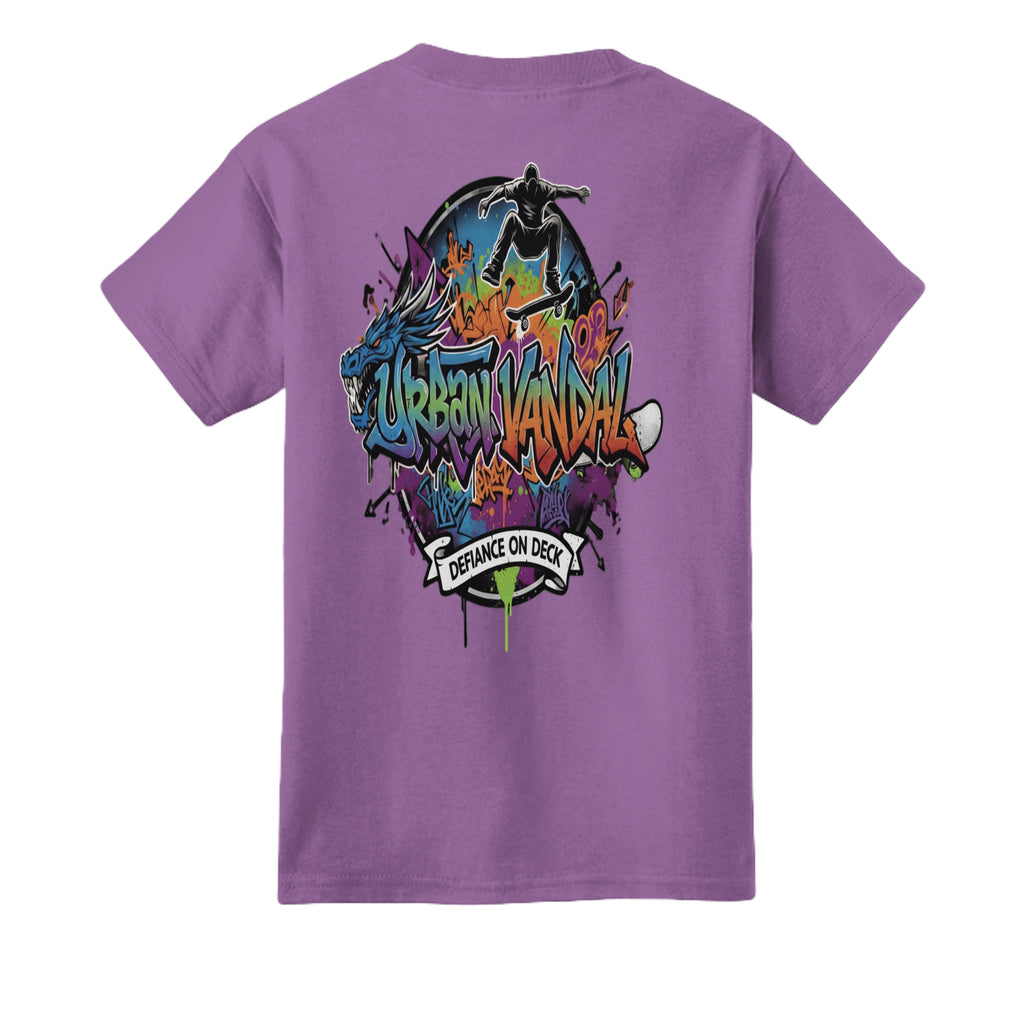 Urban Vandel Defiance On Deck skateboard youth tee with vibrant graffiti and jumping skateboarder on purple shirt