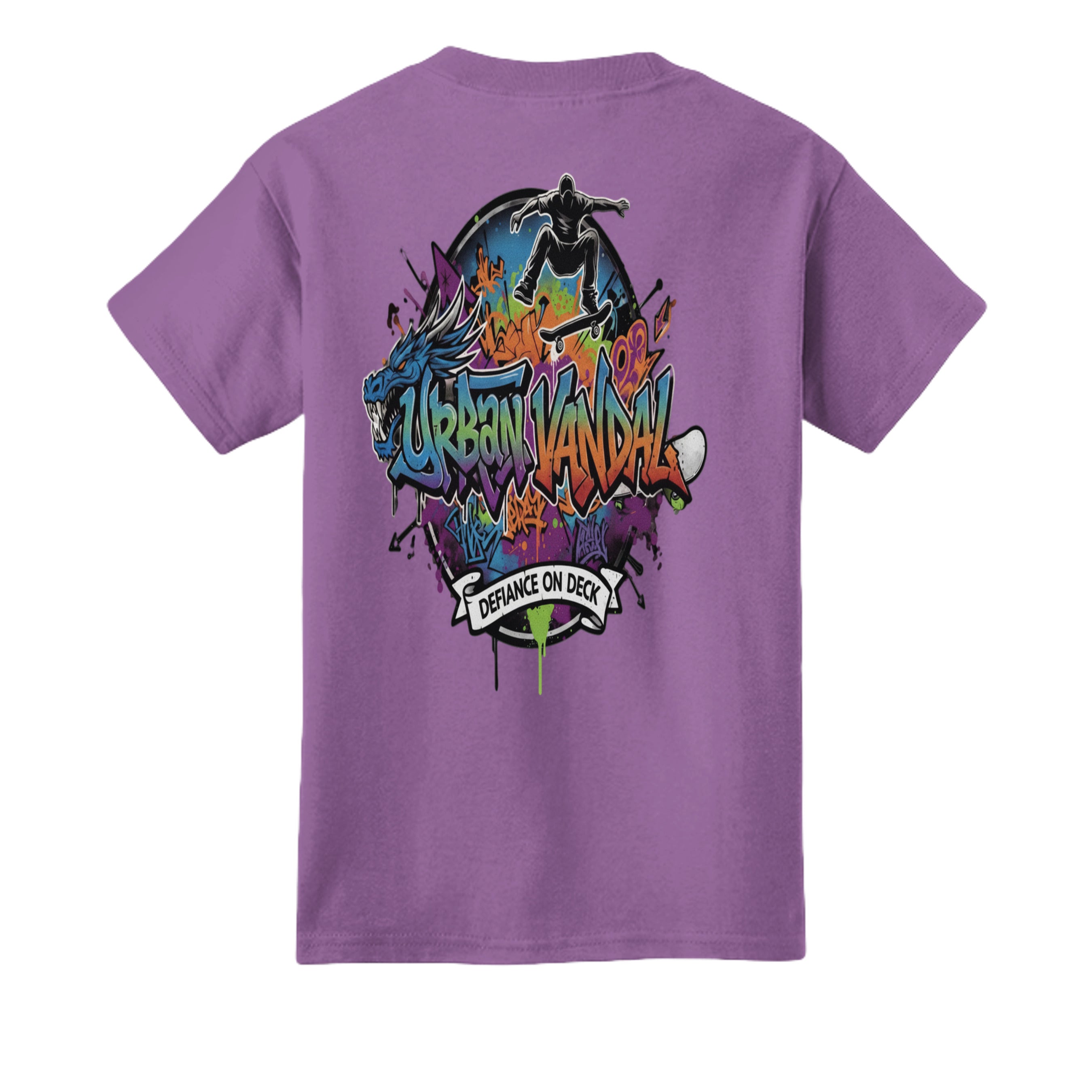 Urban Vandel Defiance On Deck skateboard youth tee with vibrant graffiti and jumping skateboarder on purple shirt