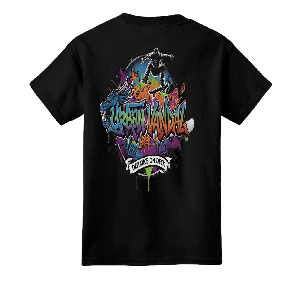 Urban Vandel Defiance On Deck youth skateboard tee with colorful graffiti art and skater graphic.