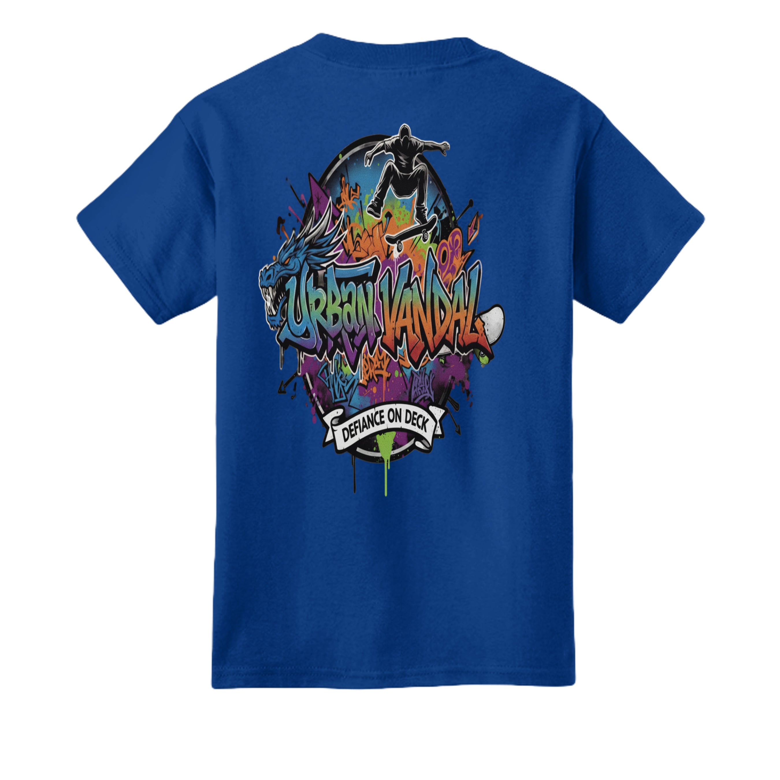 Blue youth skateboard tee featuring Urban Vandel Defiance On Deck graffiti art with a jumping skater.