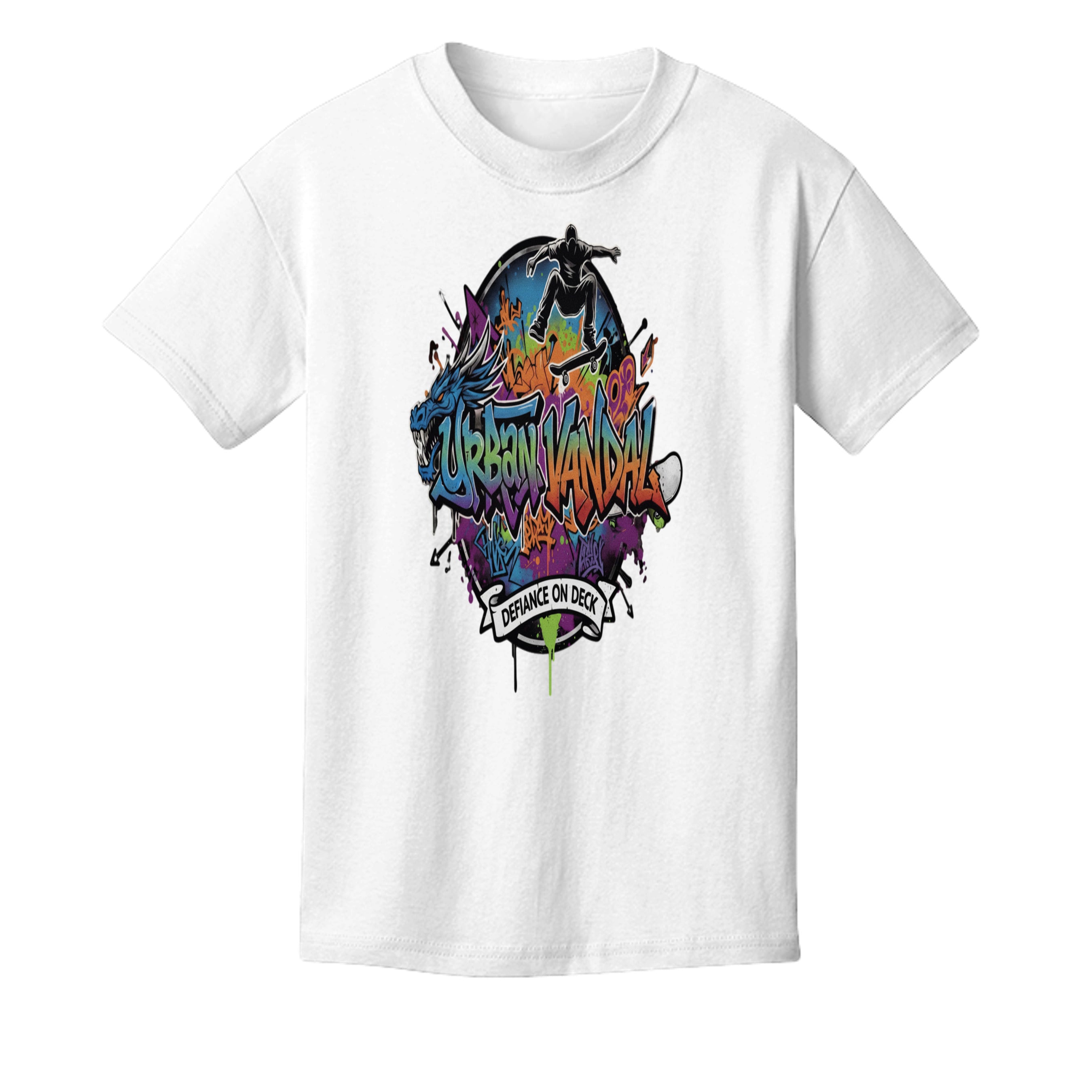 Urban Vandel Defiance On Deck skateboard youth tee for riders featuring graffiti art and a skateboarder silhouette.