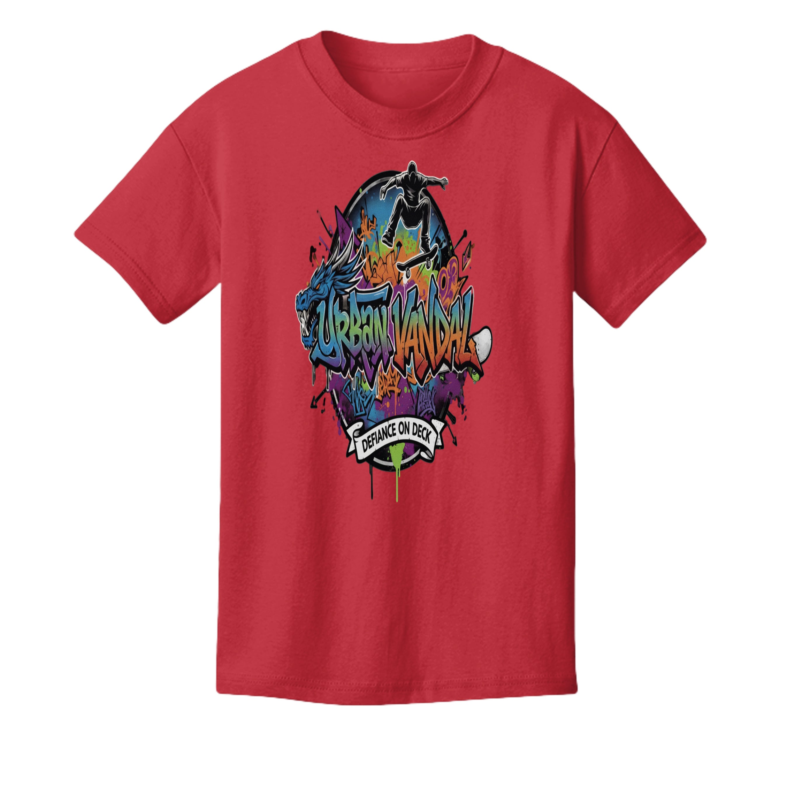 Red Urban Vandel Defiance On Deck Skateboard Youth Tee with colorful graffiti design