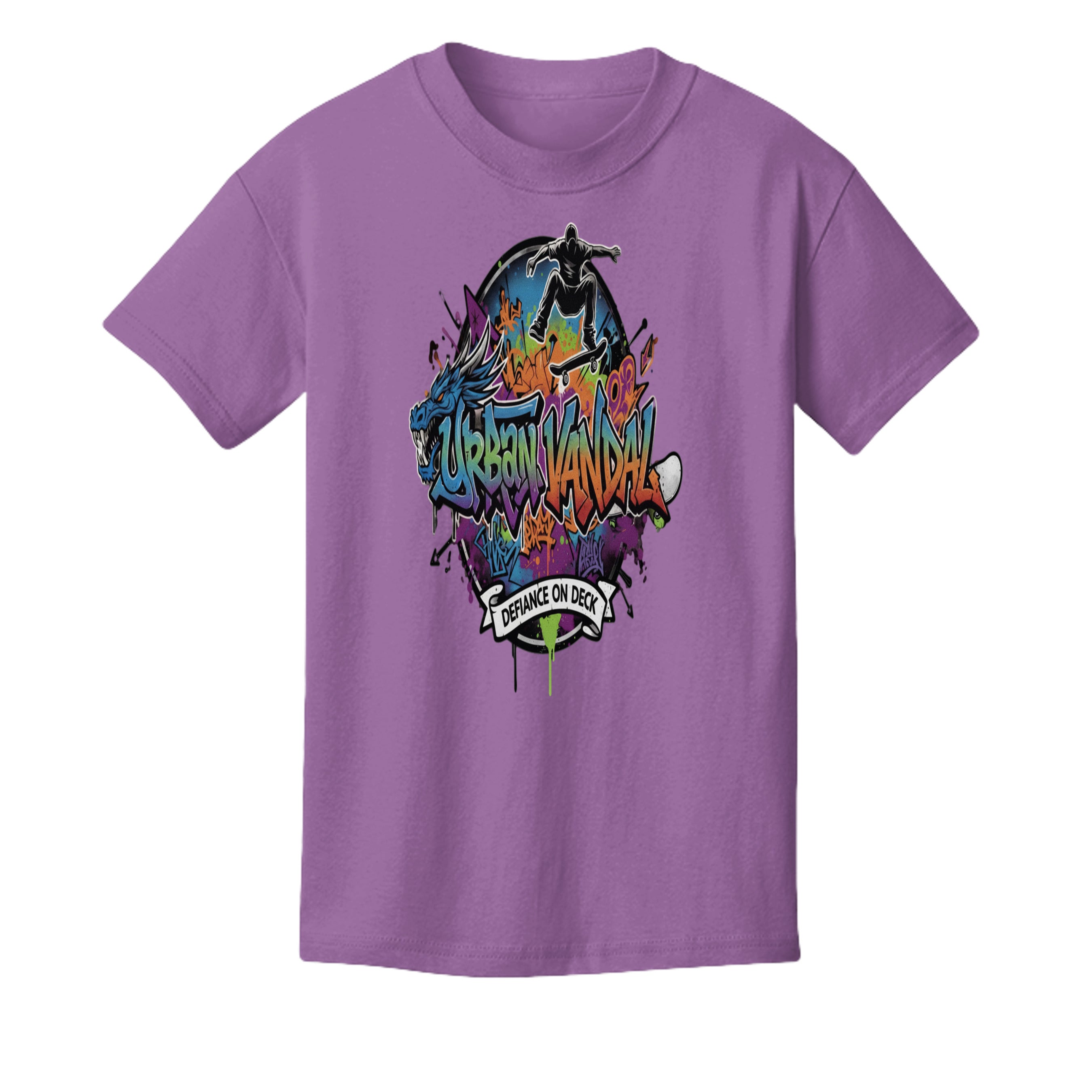 Urban Vandel Defiance On Deck skateboard youth tee in purple with vibrant graffiti artwork