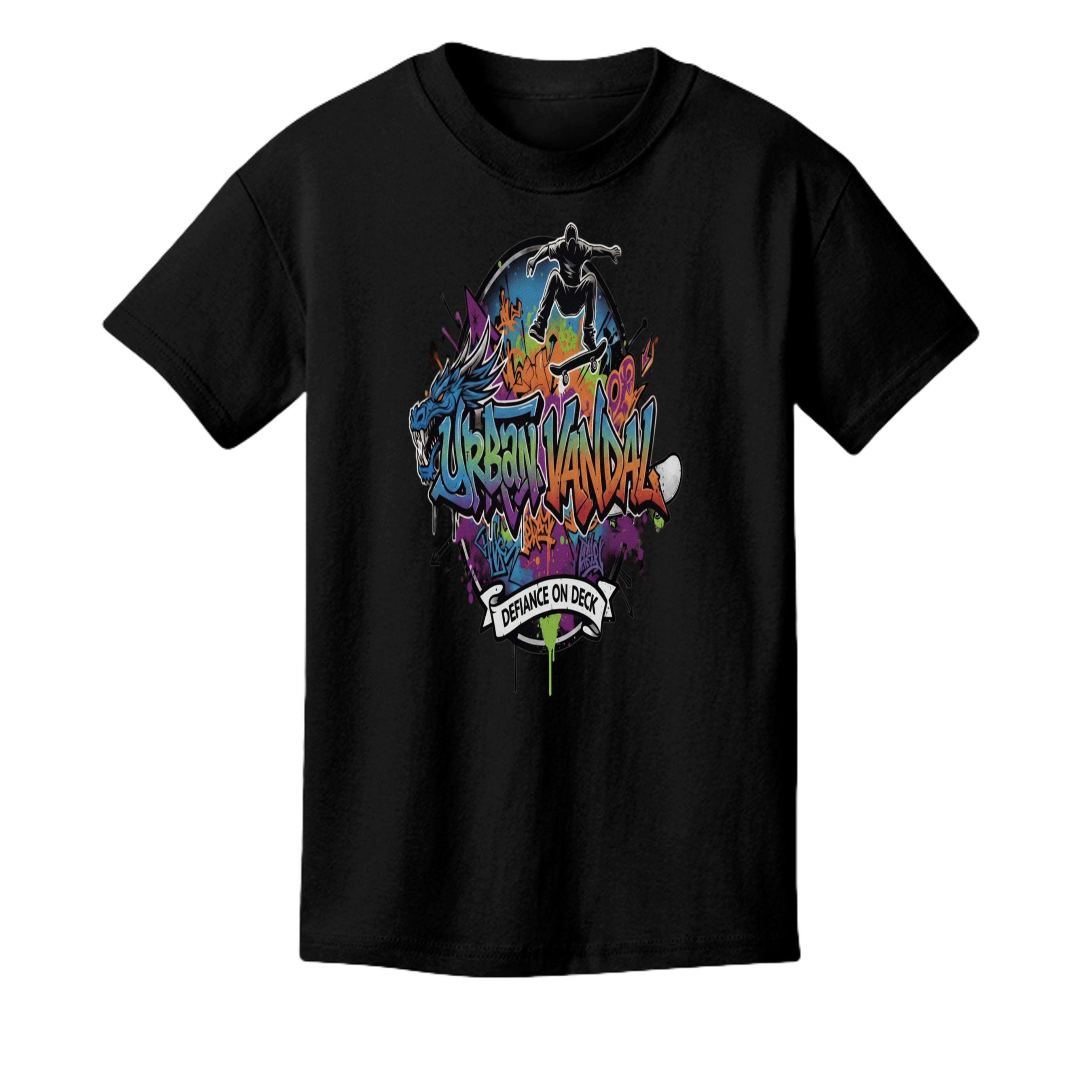 Black youth skateboard tee with vibrant graffiti artwork and a skater illustration, Defiance On Deck banner.