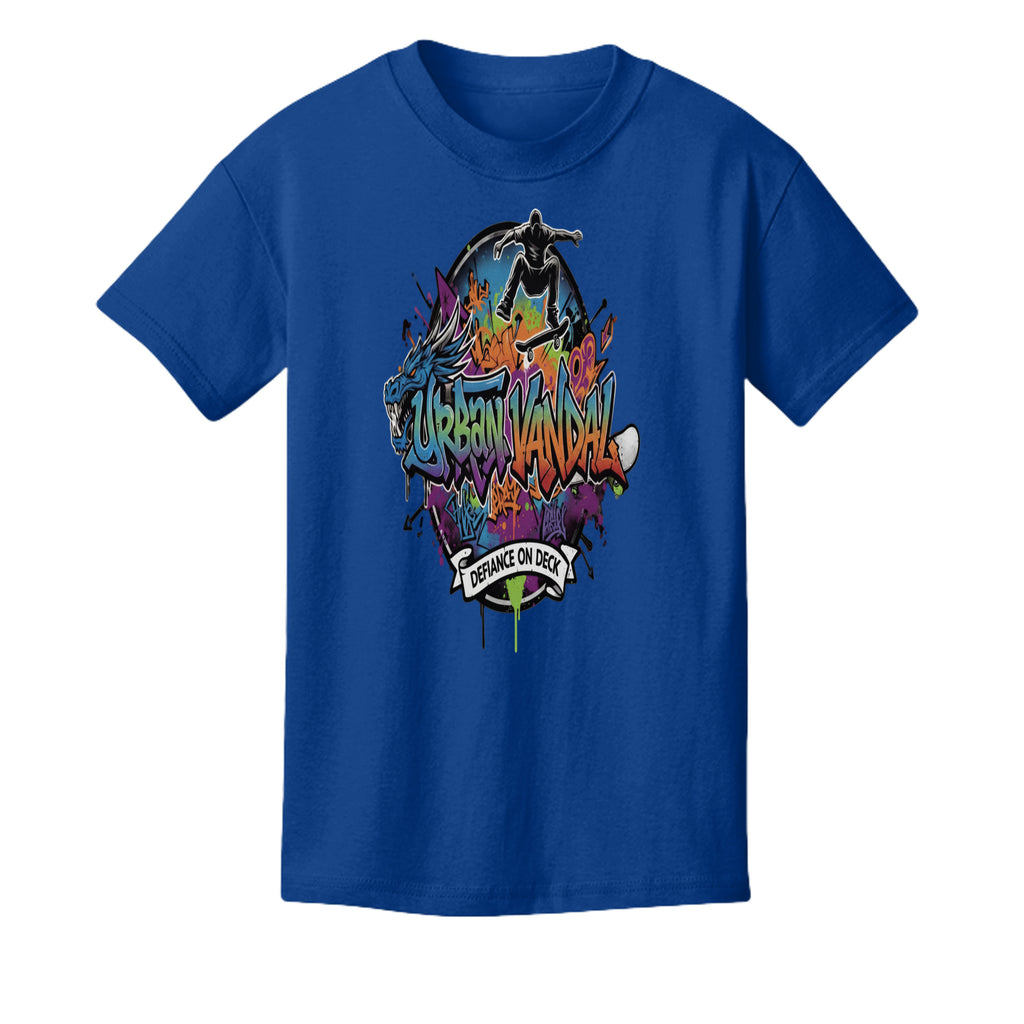 Urban Vandel Defiance On Deck youth skateboard tee with colorful graffiti and skateboarder graphic on blue fabric.