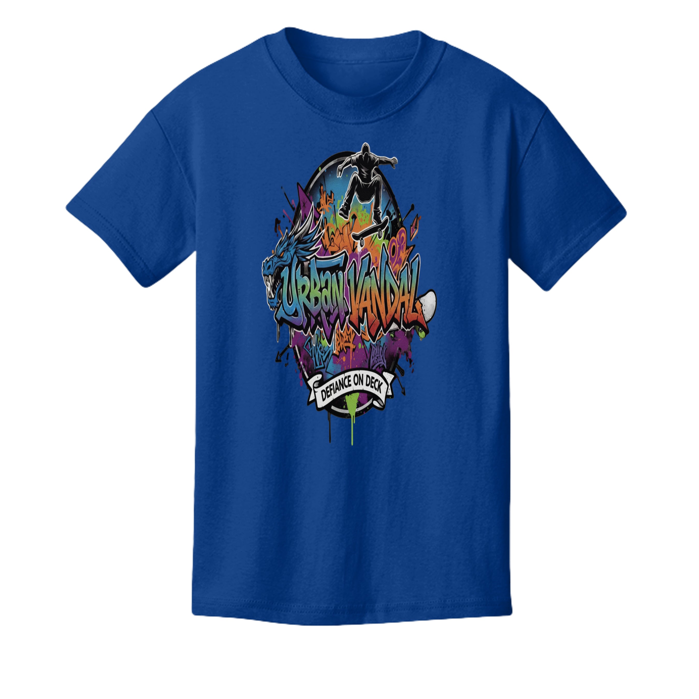 Urban Vandel Defiance On Deck youth skateboard tee with colorful graffiti and skateboarder graphic on blue fabric.