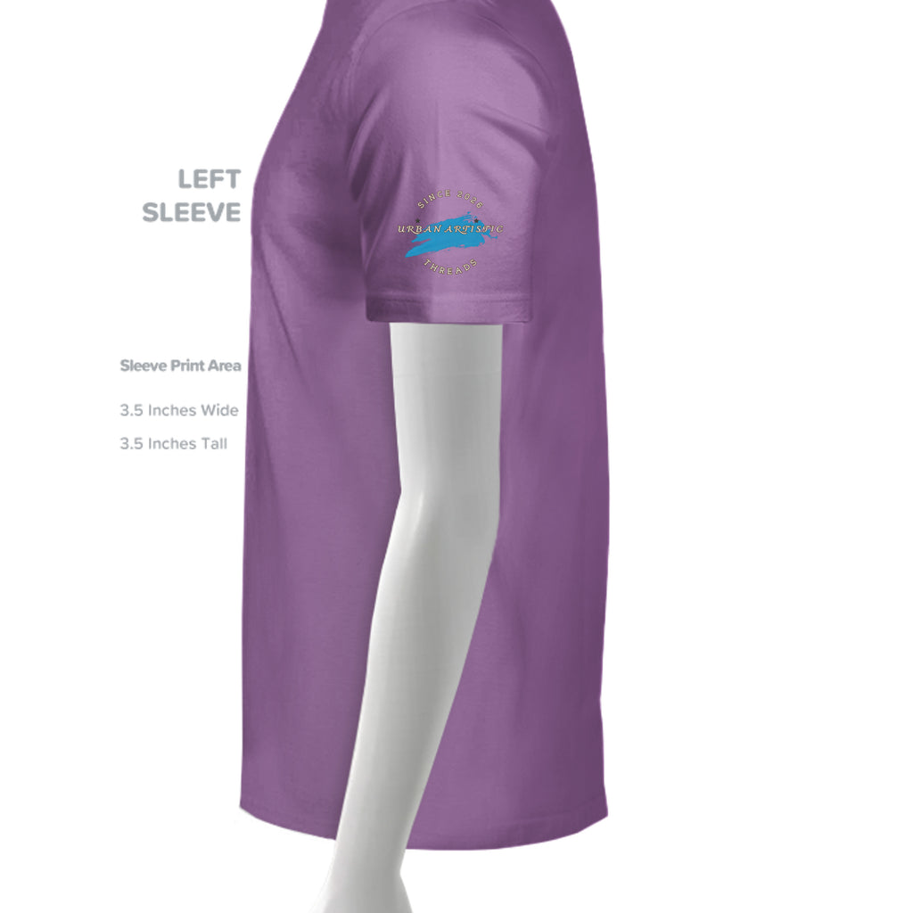 Urban Vandel Defiance On Deck Skateboard Youth Tee on purple fabric with blue brushstroke Urban Artistic logo on sleeve