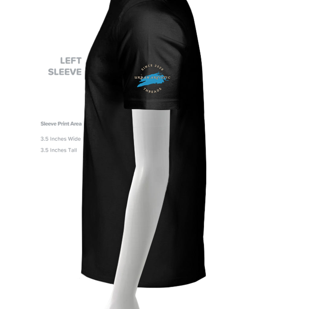 Urban Vandel Defiance On Deck Skateboard Youth Tee Shirt sleeve logo on black tee with blue brush stroke.