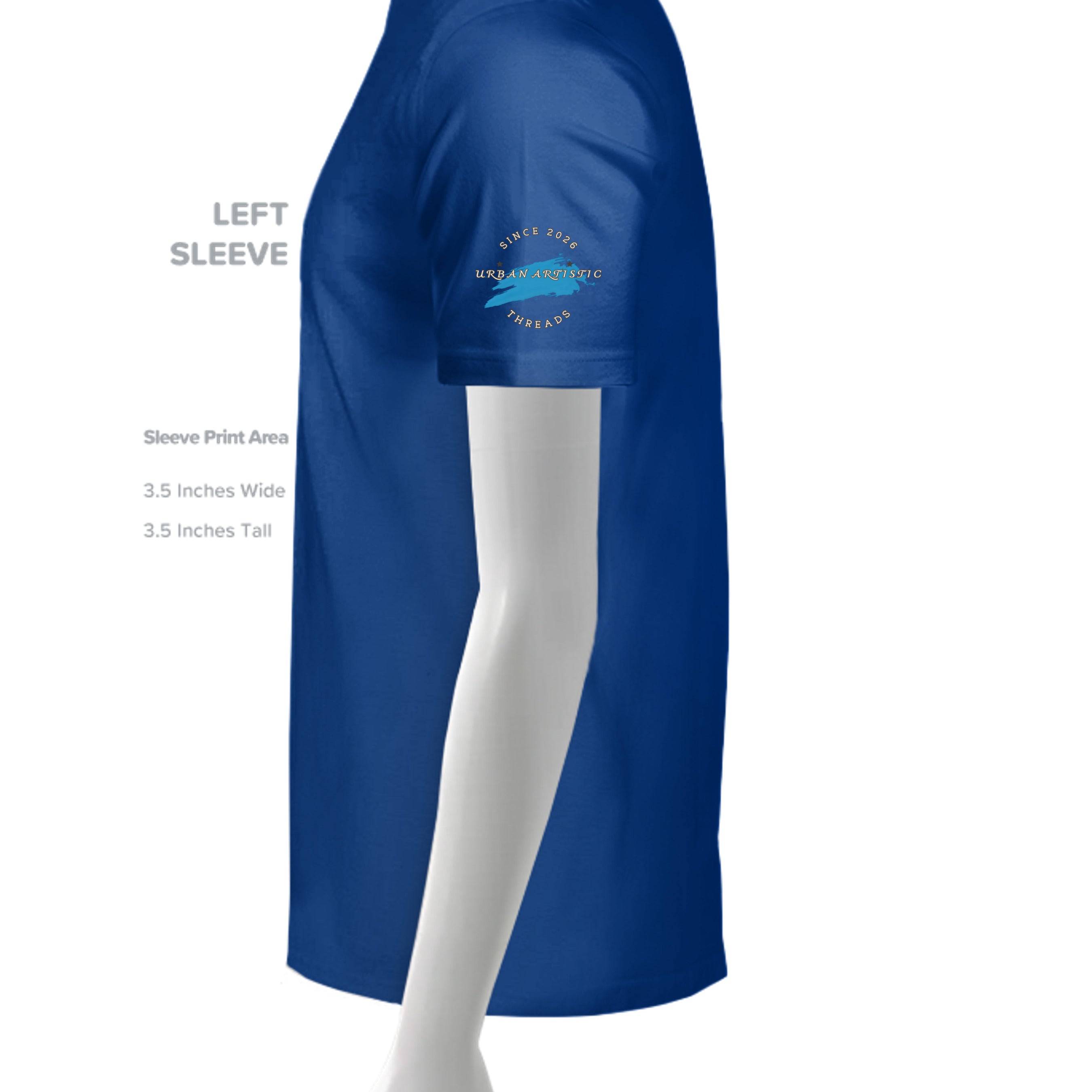 Blue youth skateboard tee with circular left-sleeve logo reading Since 2026 Urban Artistic Threads.