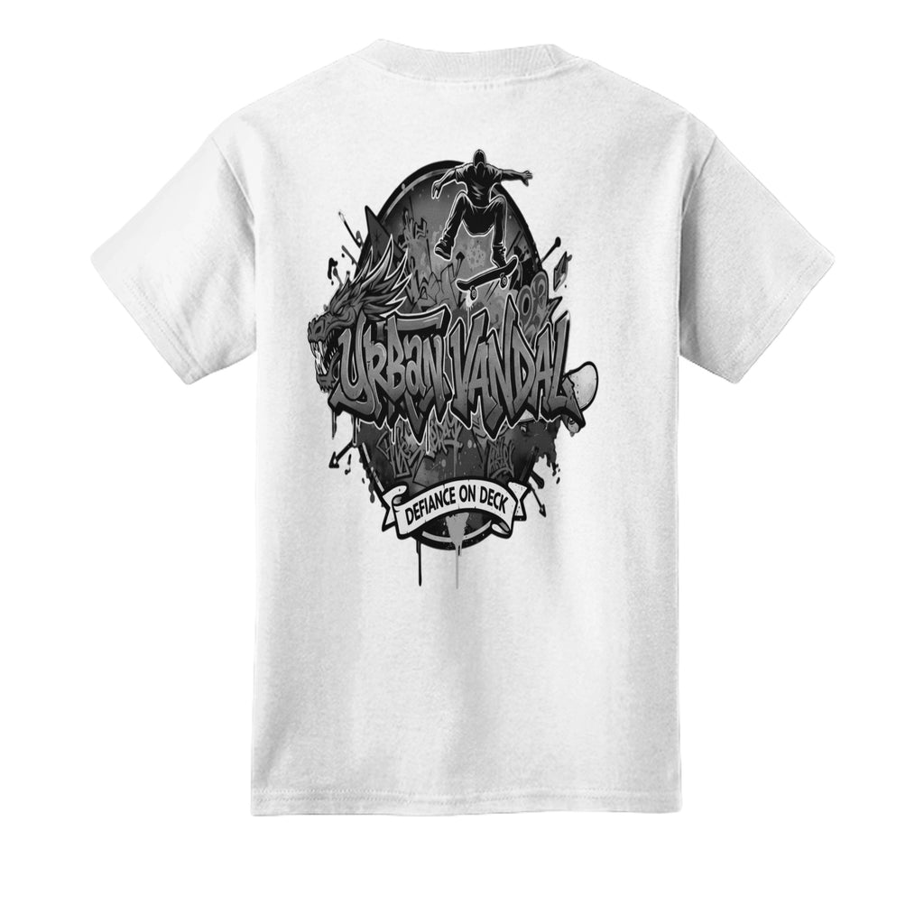 Urban Vandel Defiance On Deck youth tee featuring skateboarder silhouette and graffiti-style logo.