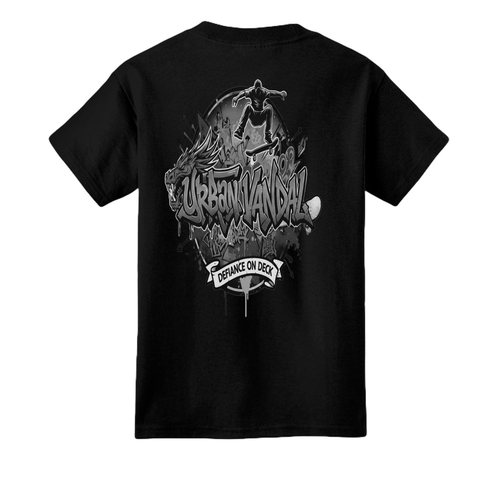 Urban Vandel: Defiance On Deck Youth Tee graphic with skater and graffiti text on a black tee.