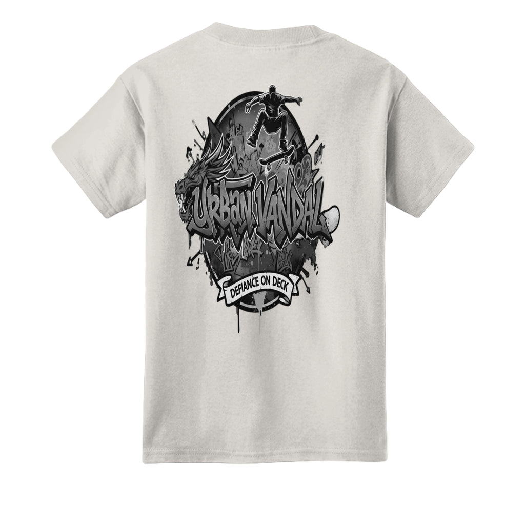 Urban Vandel: Defiance On Deck Youth Tee featuring a bold skateboard graphic on the back.