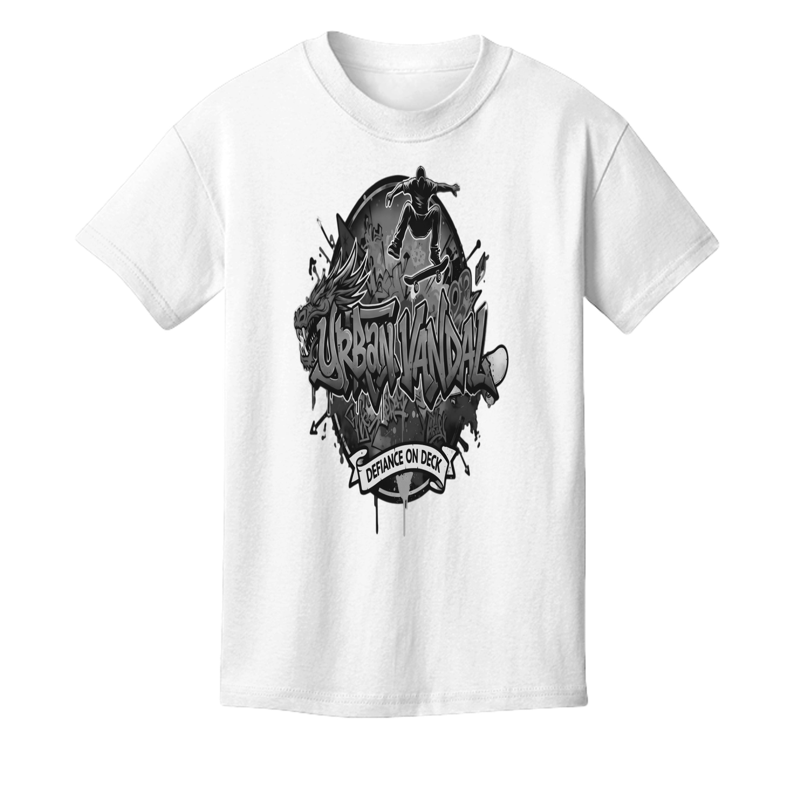 Urban Vandel Defiance On Deck Youth Tee featuring skateboarder graphic and graffiti-style lettering.