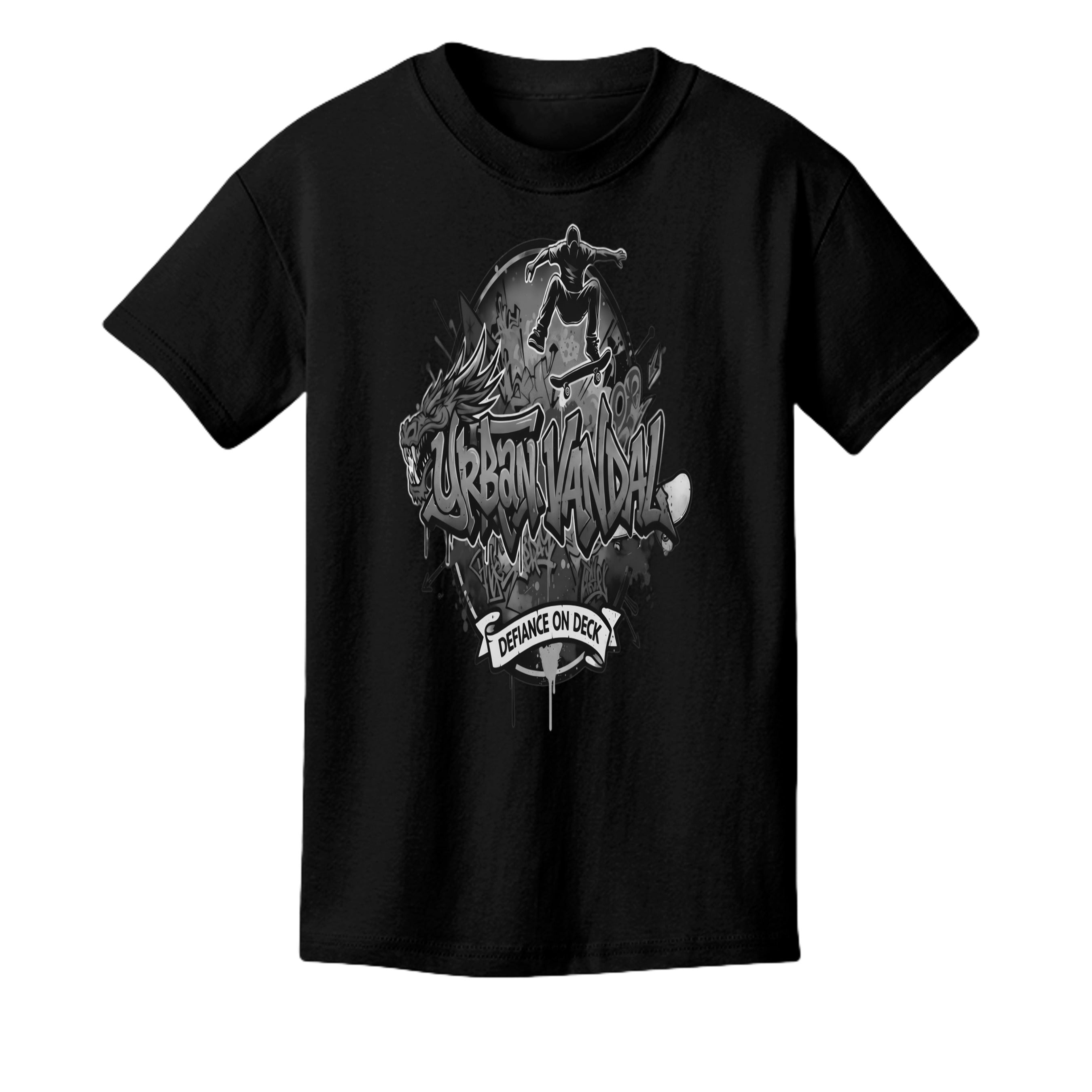 Urban Vandel Defiance On Deck Youth Tee featuring grayscale skateboarder artwork and graffiti text on black shirt.