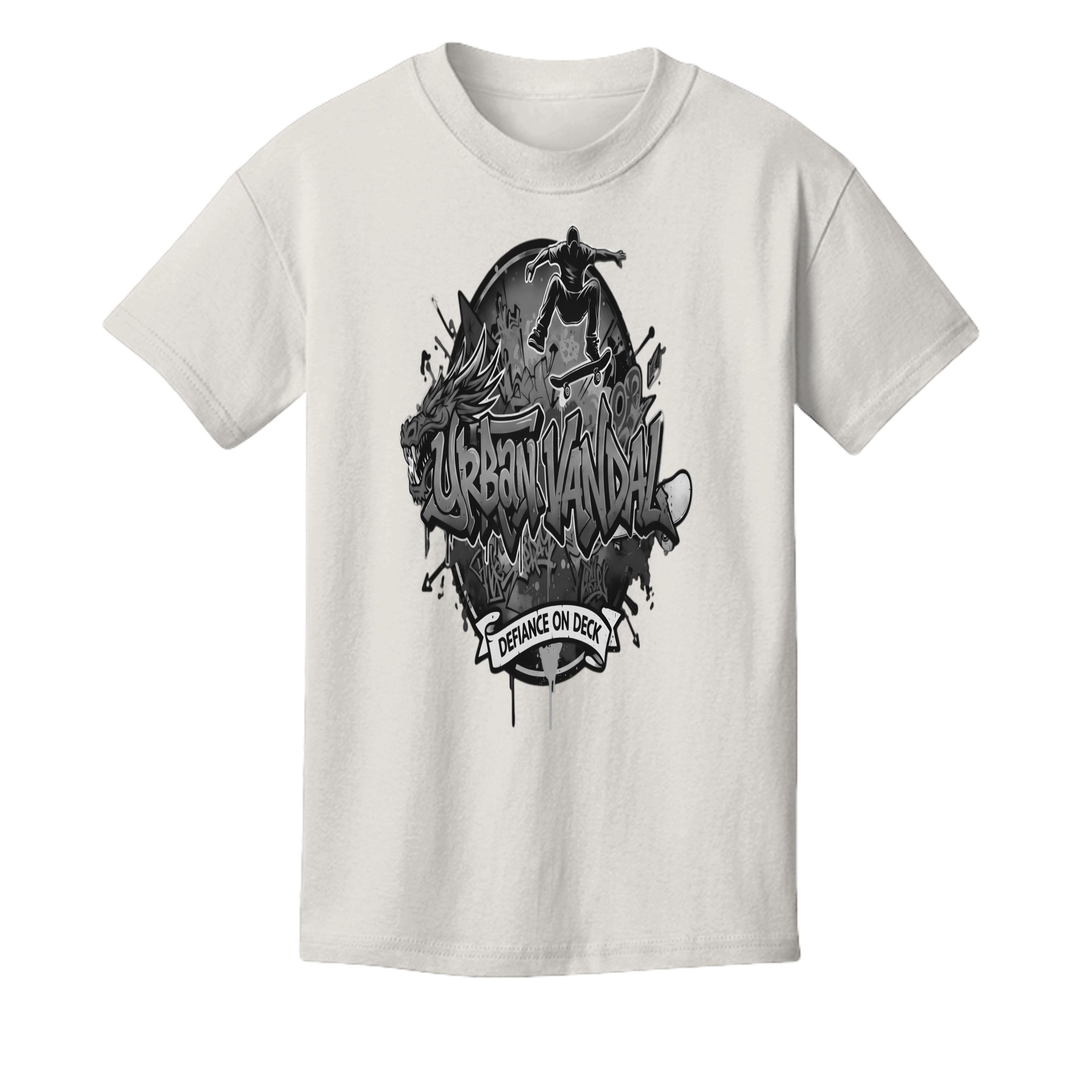 Urban Vandel: Defiance On Deck Youth Tee featuring a skateboarder and graffiti artwork on white tee.