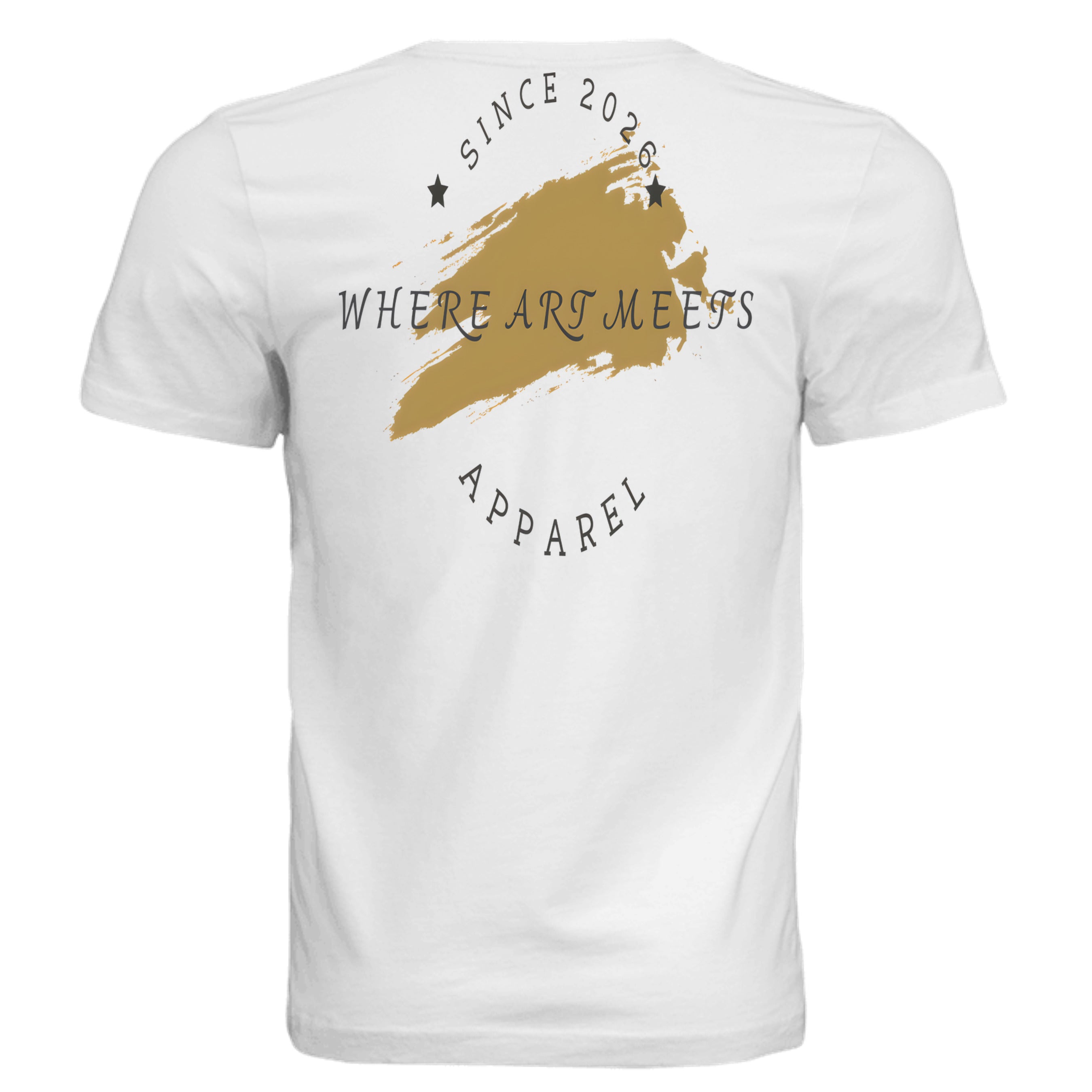 White t-shirt back featuring a gold paint-stroke emblem with "Since 2026" and "Where Art Meets Apparel" text.
