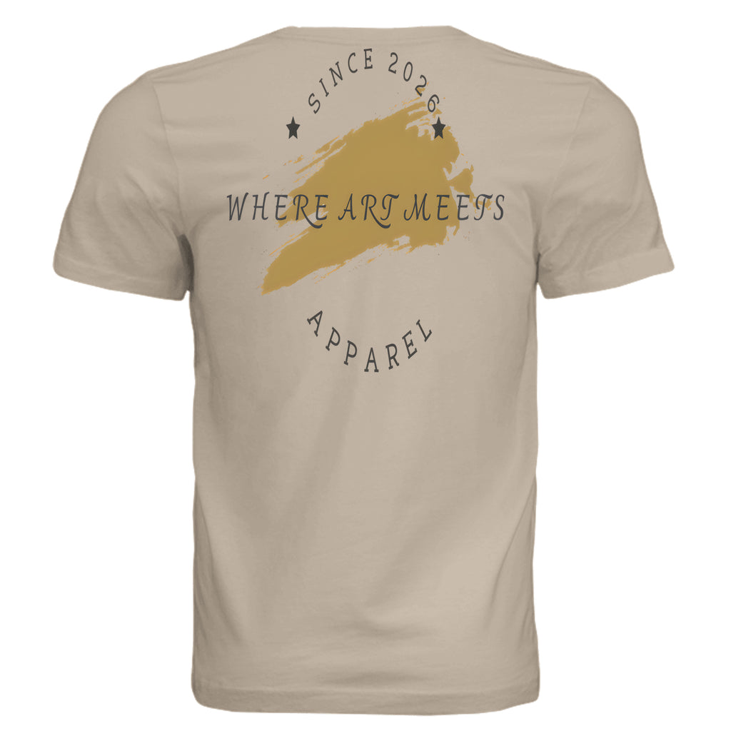 Beige Urban Artistic Signature Tee back print featuring a gold 2026 paint-stroke emblem and "Where Art Meets Apparel" text.