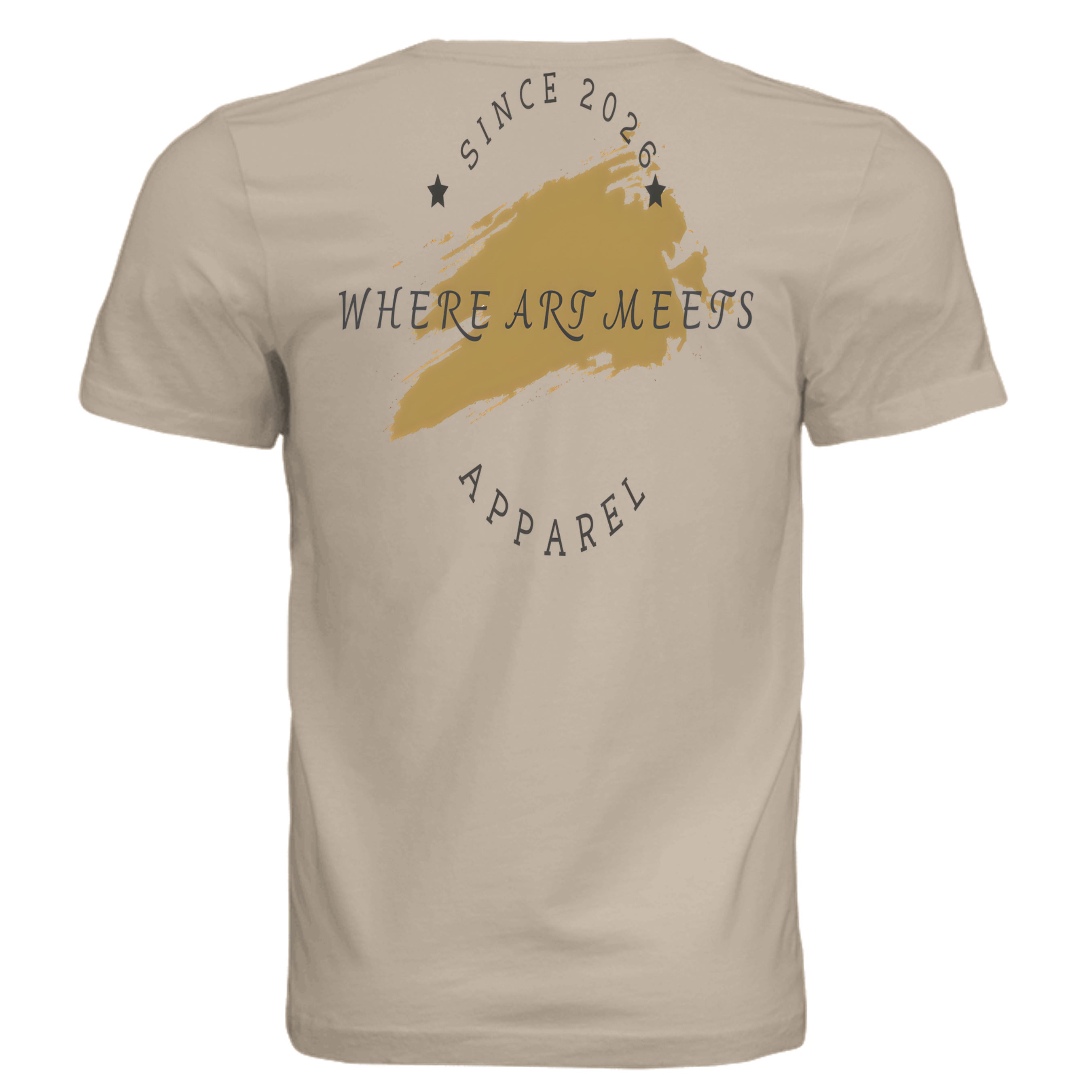 Beige Urban Artistic Signature Tee back print featuring a gold 2026 paint-stroke emblem and "Where Art Meets Apparel" text.