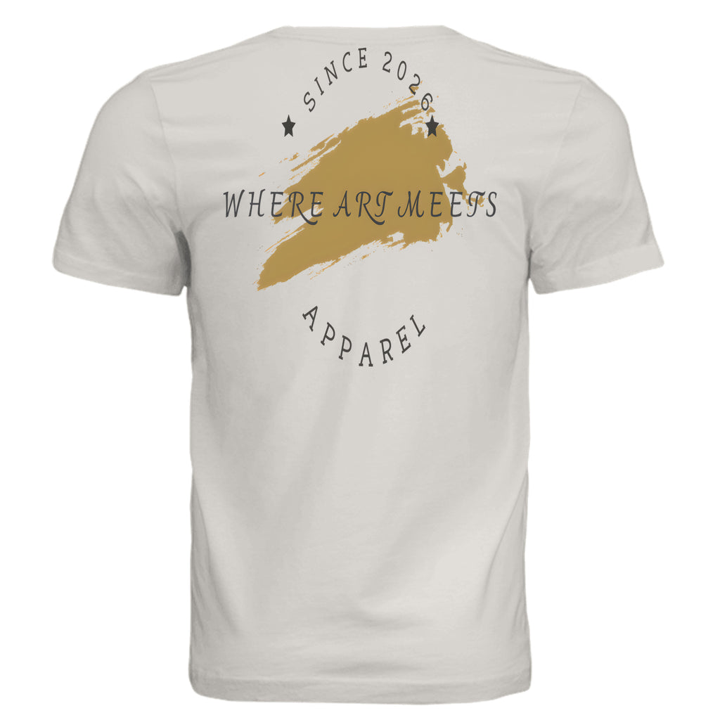 Back of white Urban Artistic tee featuring a gold paint-stroke emblem and text reading Since 2026 Where Art Meets Apparel.