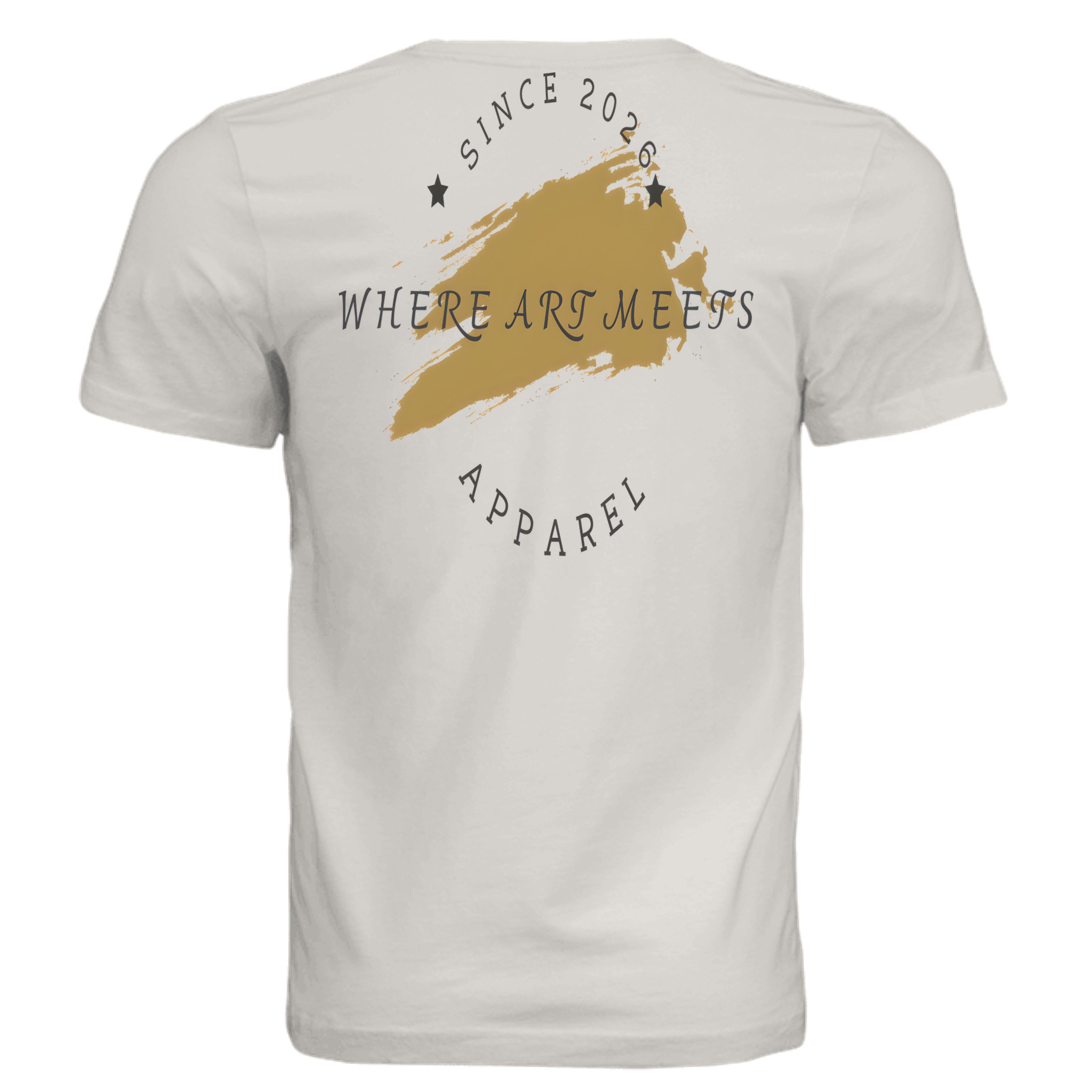 Back of white Urban Artistic tee featuring a gold paint-stroke emblem and text reading Since 2026 Where Art Meets Apparel.