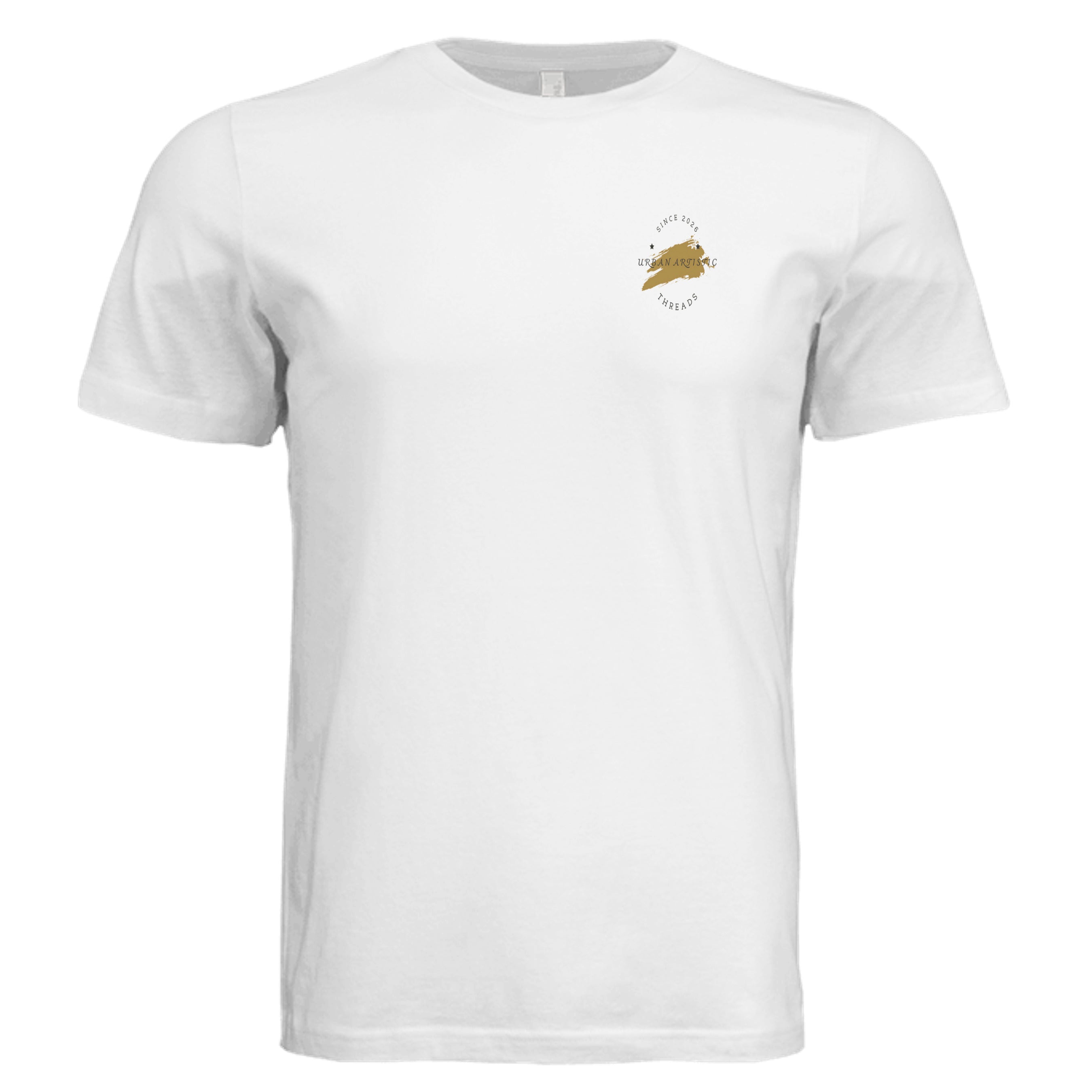 White Urban Artistic Signature Tee featuring a minimalist gold paint-stroke emblem on the left chest.