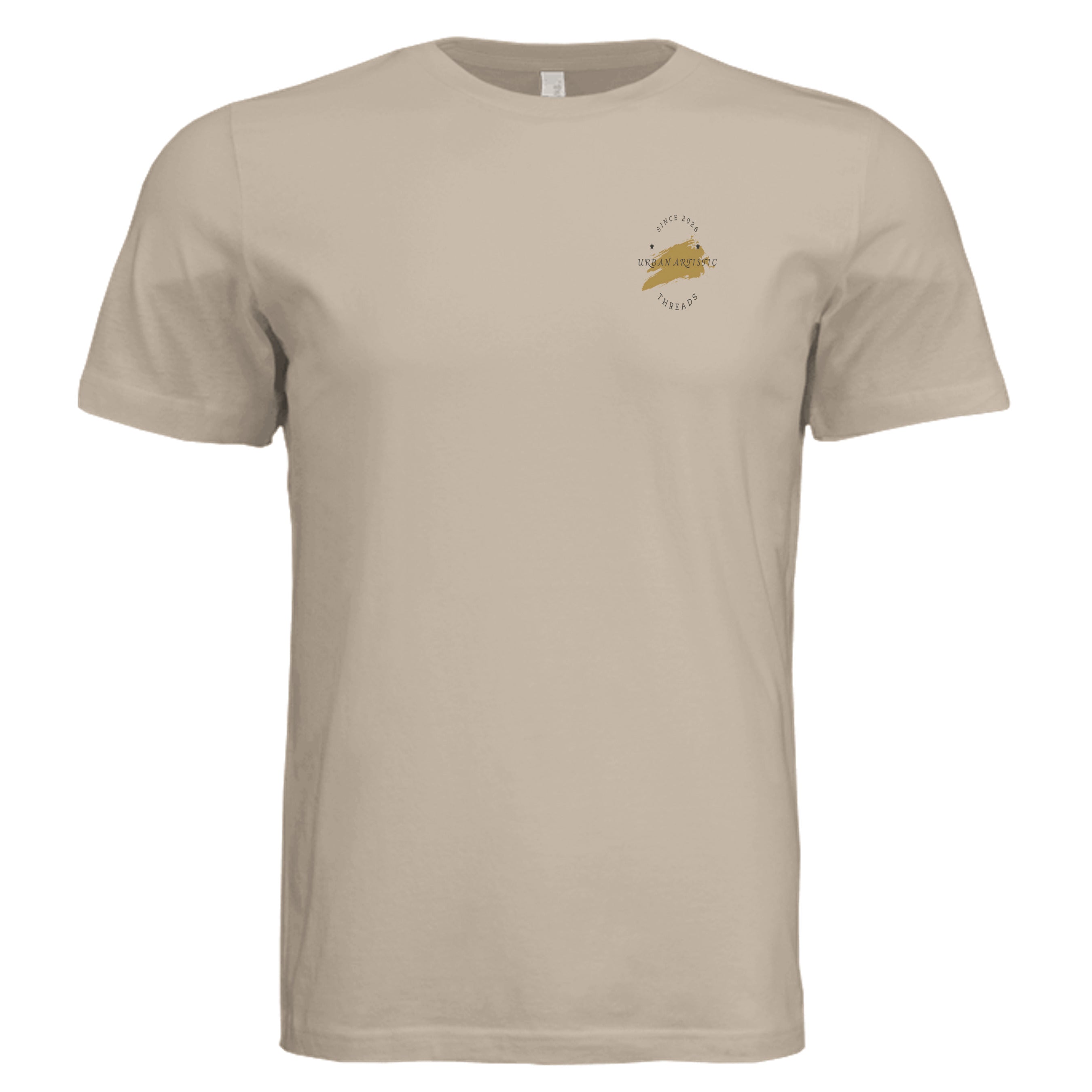 Beige Urban Artistic Threads Signature Tee featuring a minimalist gold paint-stroke emblem on the left chest.