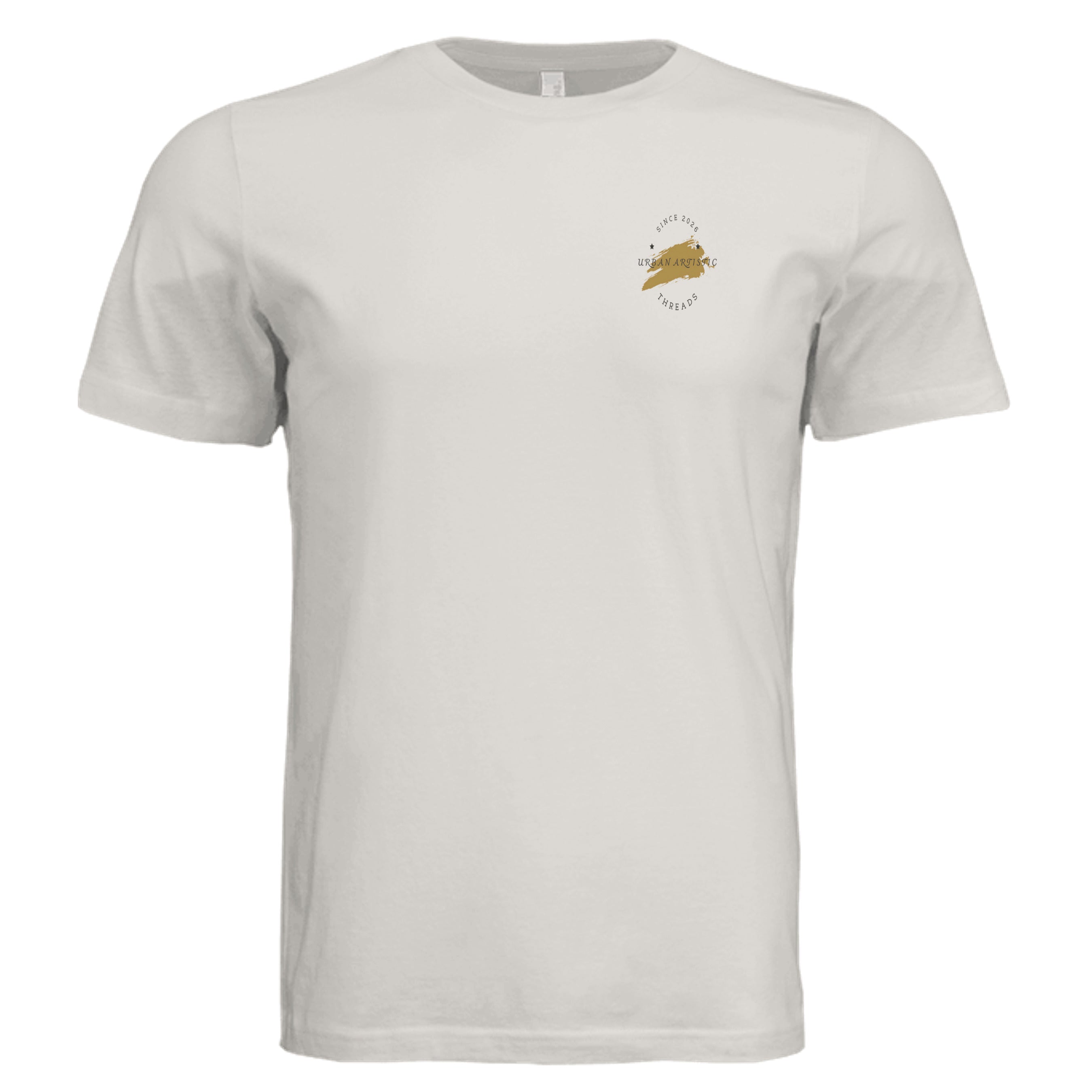 White Urban Artistic Signature Tee featuring a minimalist gold paint-stroke emblem on the chest.
