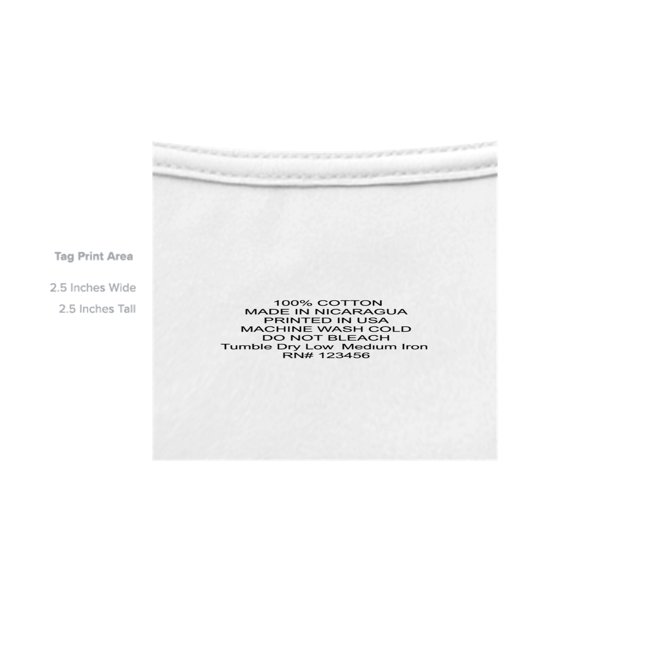 White t-shirt neck showing printed care label with 100% cotton and washing instructions for Urban Artistic Signature Tee.