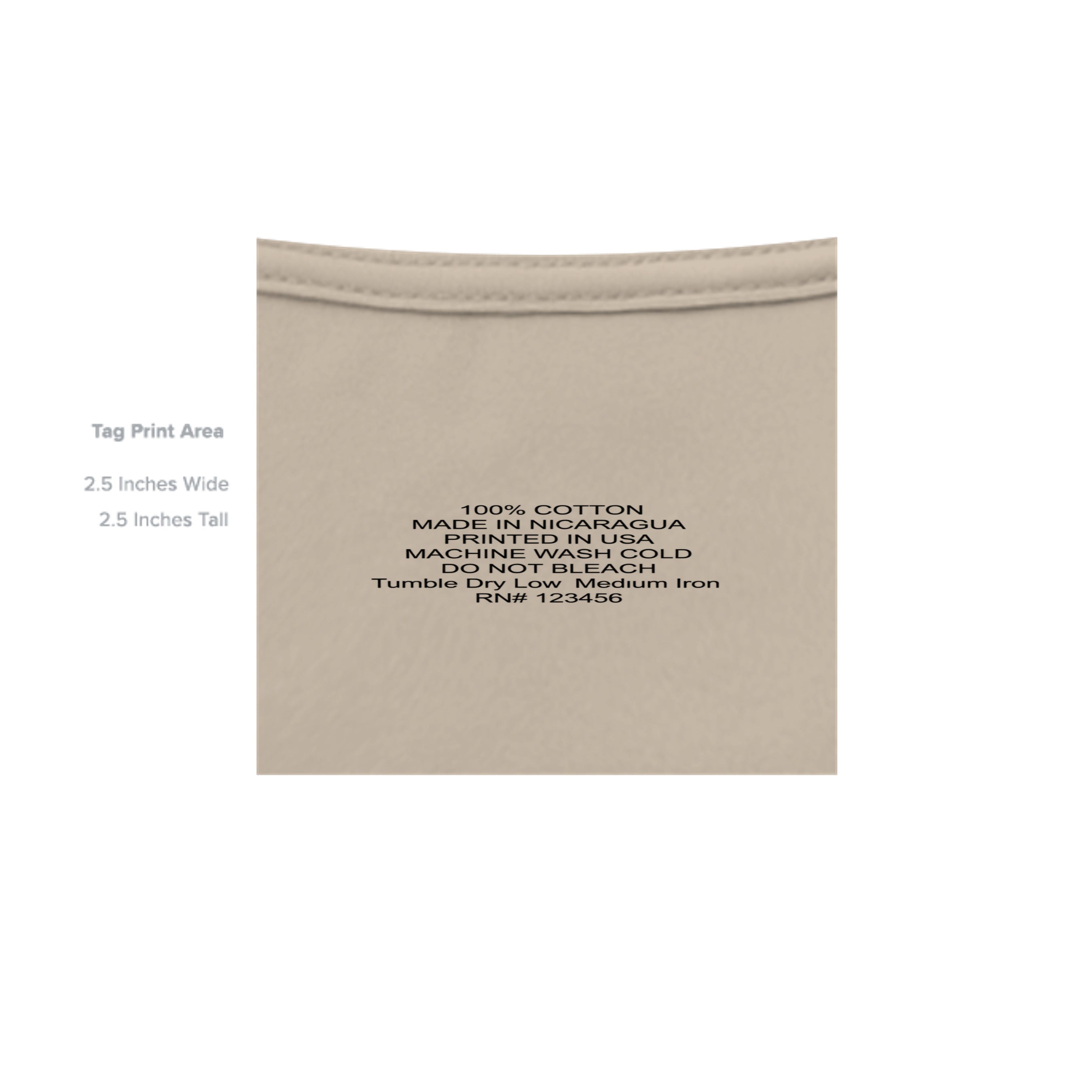 Beige Urban Artistic Signature Tee fabric showing neck ribbing and printed care instructions for 100% cotton garment.