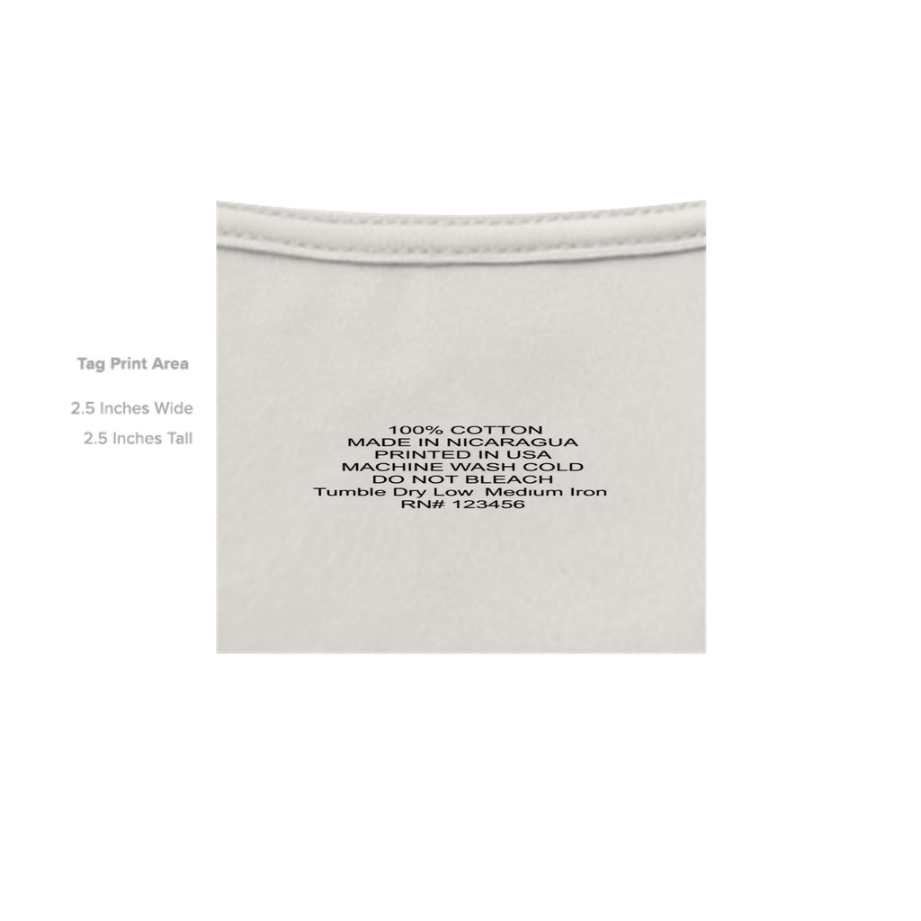 White Urban Artistic Signature Tee neck label showing 100% cotton care instructions and 2.5 inch tag print area dimensions.