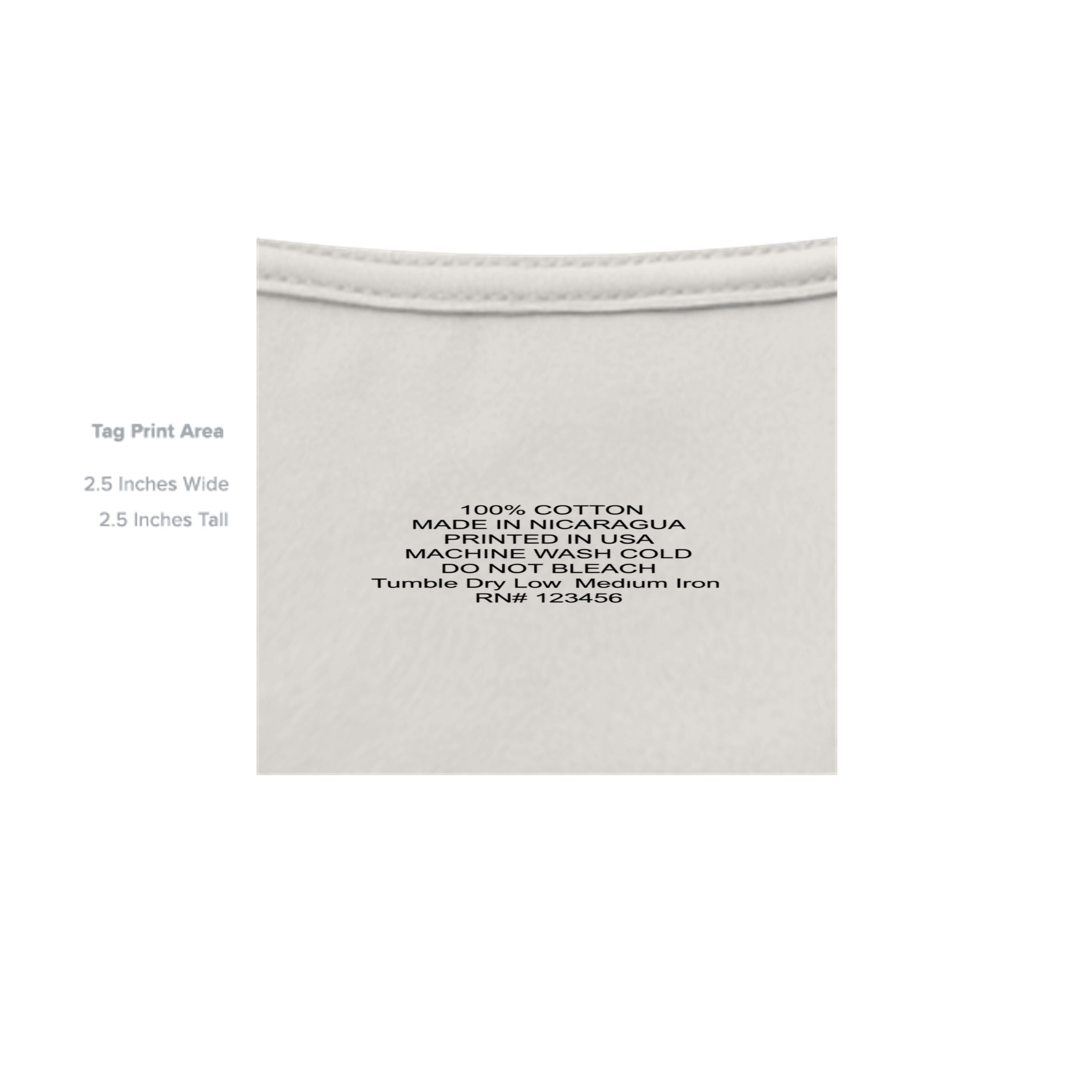 White Urban Artistic Signature Tee neck label showing 100% cotton care instructions and 2.5 inch tag print area dimensions.