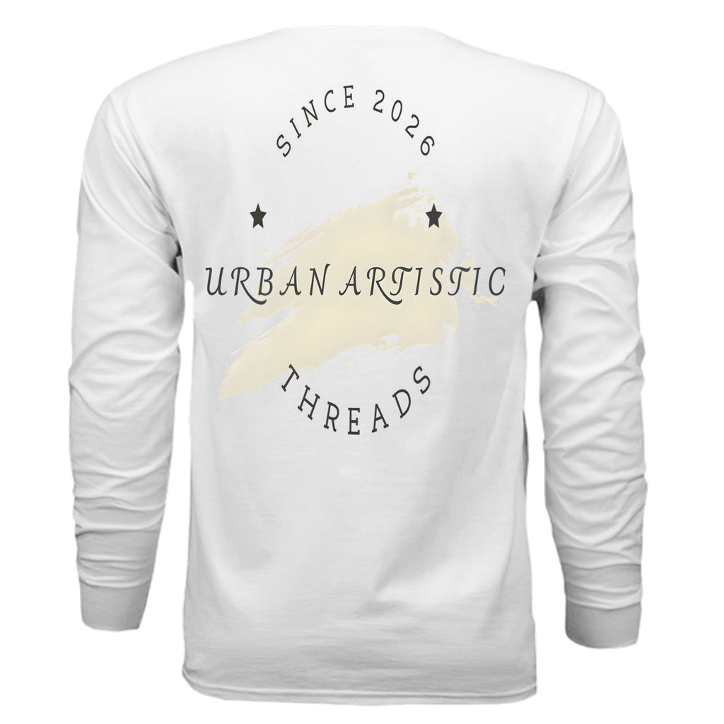 Back of white Urban Artistic Threads long sleeve tee featuring beige paint stroke logo and Since 2026 text.