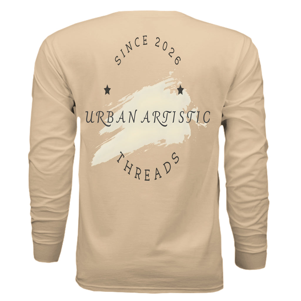 Beige long sleeve tee back featuring Urban Artistic Threads logo with white brushstroke, stars, and "Since 2026" text.
