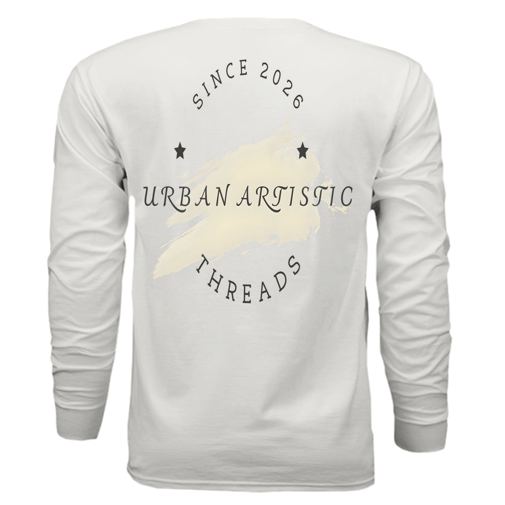 White long sleeve tee back featuring Urban Artistic Threads logo, beige brushstroke graphic, and Since 2026 text.