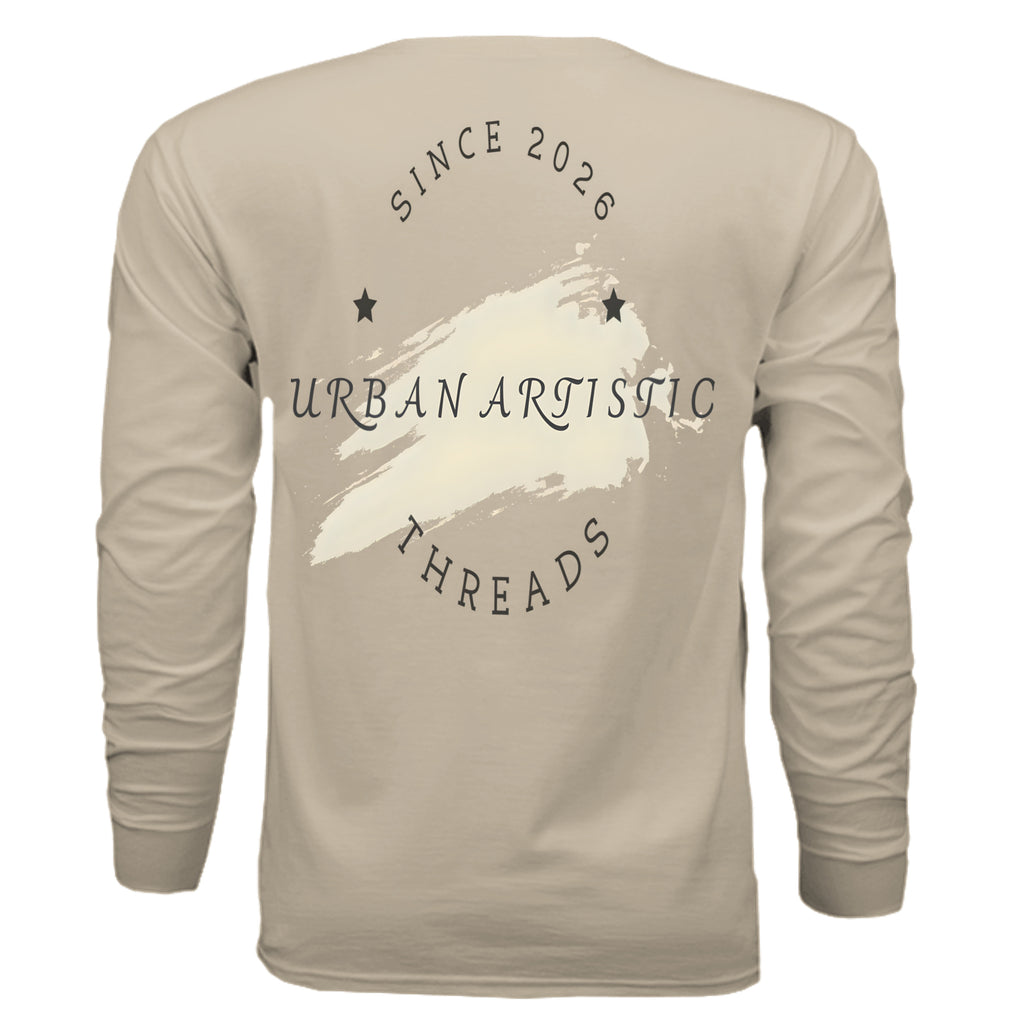 Beige long sleeve tee back print featuring Urban Artistic Threads logo, paint brush graphic, and Since 2026 text.