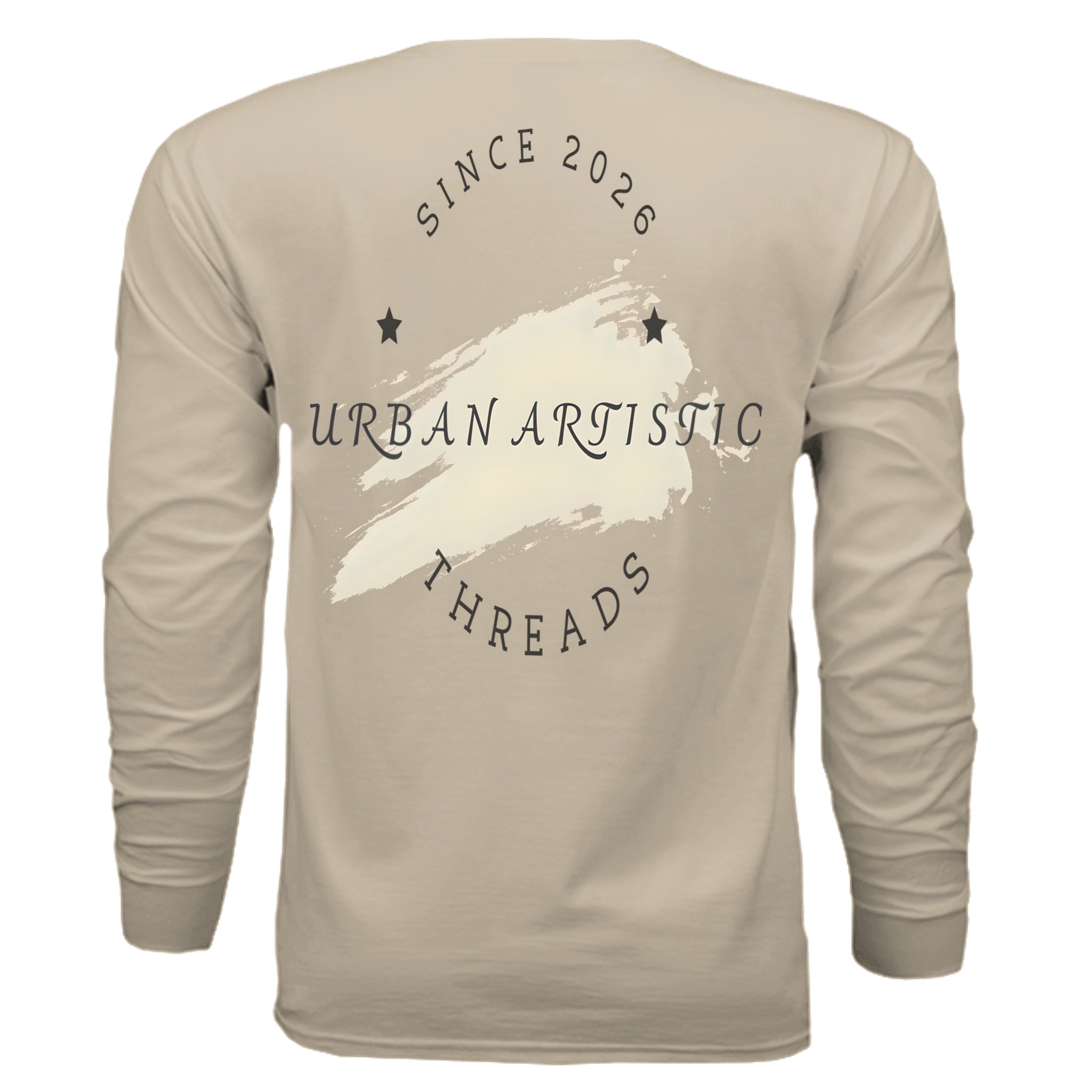 Beige long sleeve tee back print featuring Urban Artistic Threads logo, paint brush graphic, and Since 2026 text.