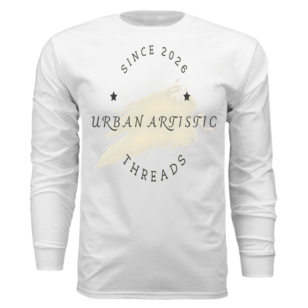White long sleeve tee featuring Urban Artistic Threads signature logo with paint stroke graphic and Since 2026 text.