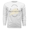 White long sleeve tee featuring Urban Artistic Threads signature logo with paint stroke graphic and Since 2026 text.