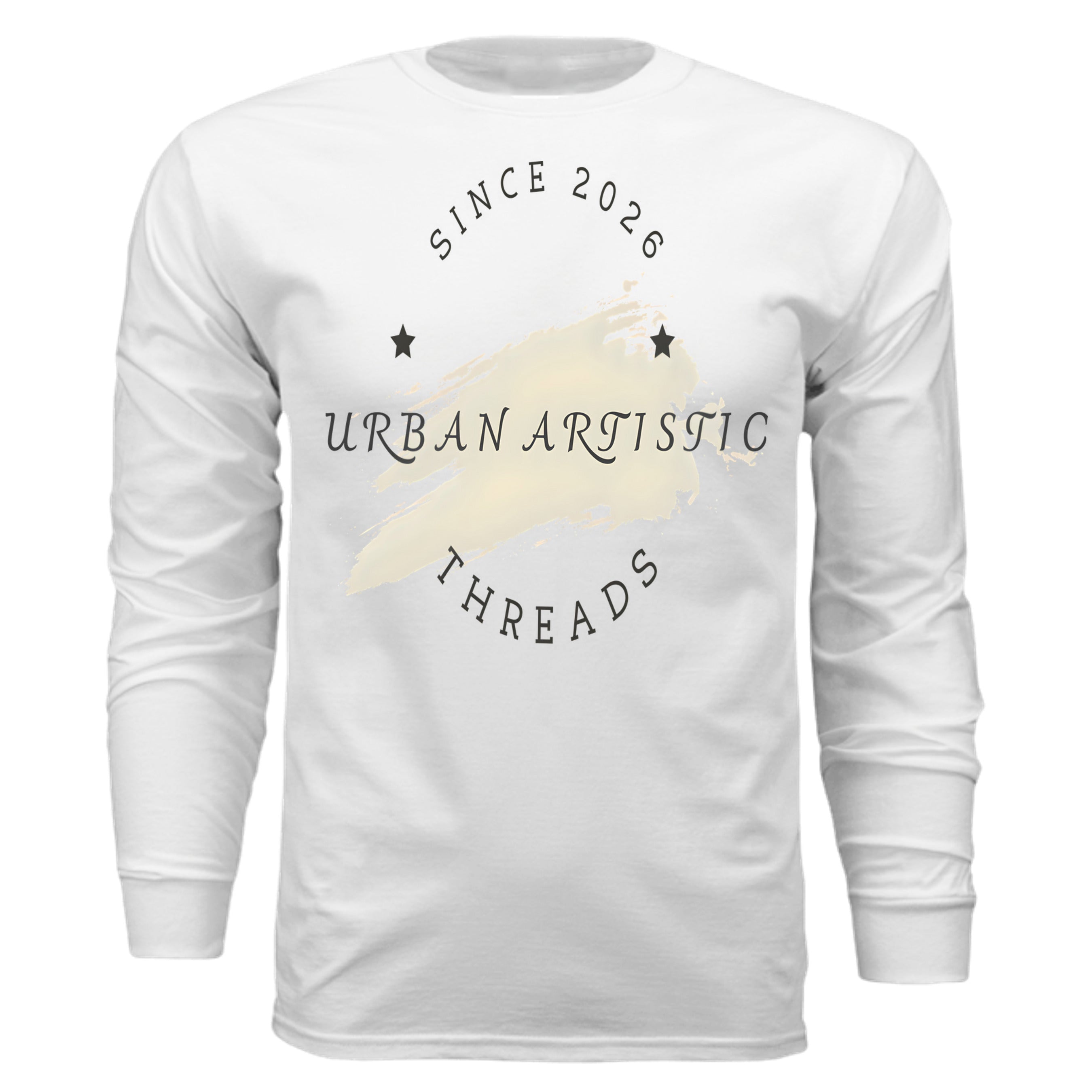 White long sleeve tee featuring Urban Artistic Threads signature logo with paint stroke graphic and Since 2026 text.