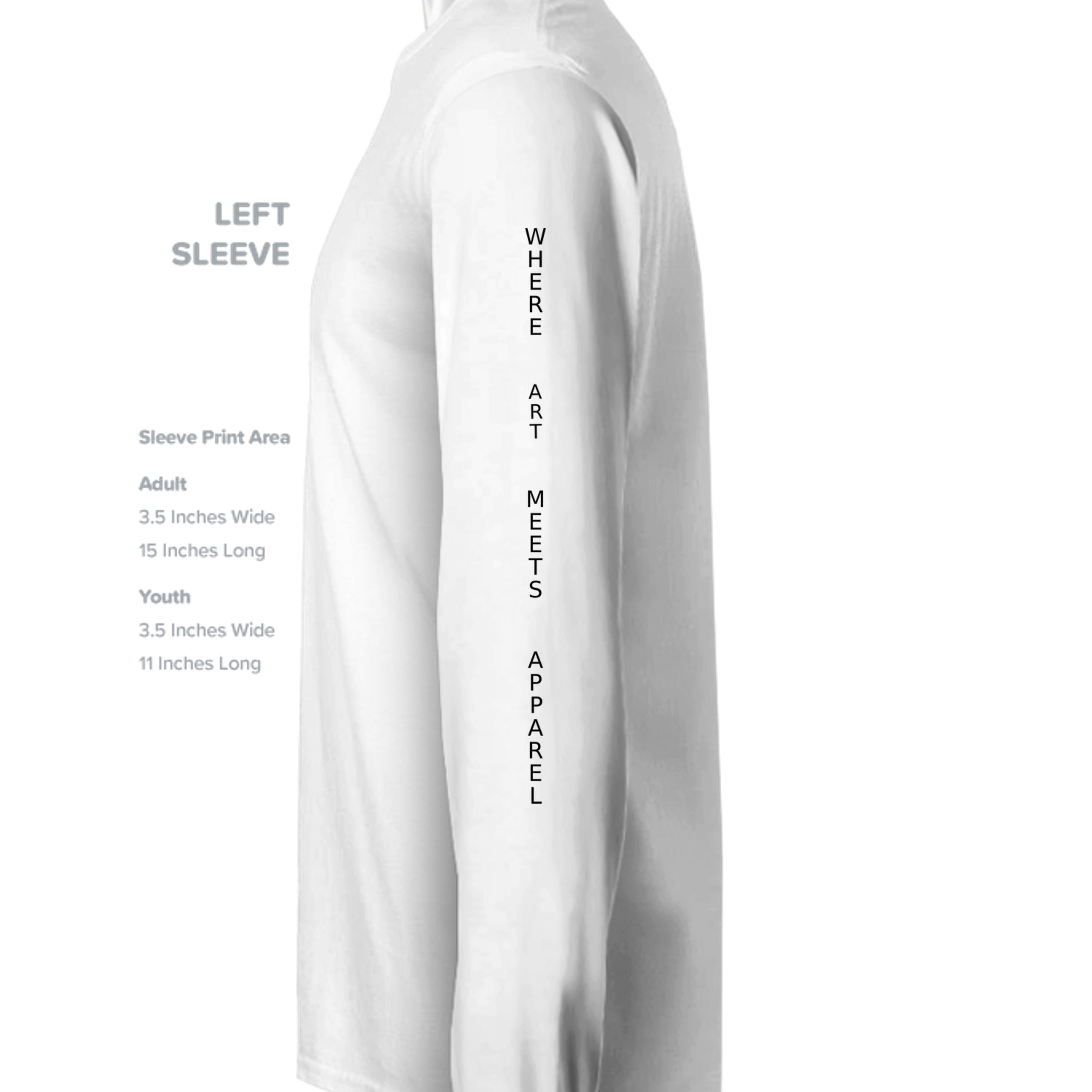 White long sleeve tee featuring vertical "Where Art Meets Apparel" text on the left sleeve for urban street style.