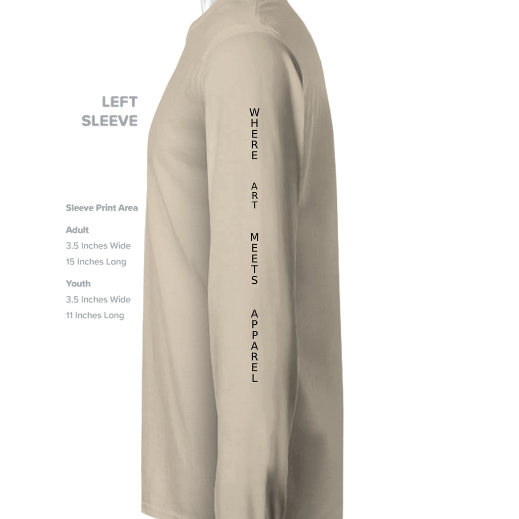 Beige long sleeve tee featuring vertical "Where Art Meets Apparel" text on the left sleeve. Urban streetwear design.