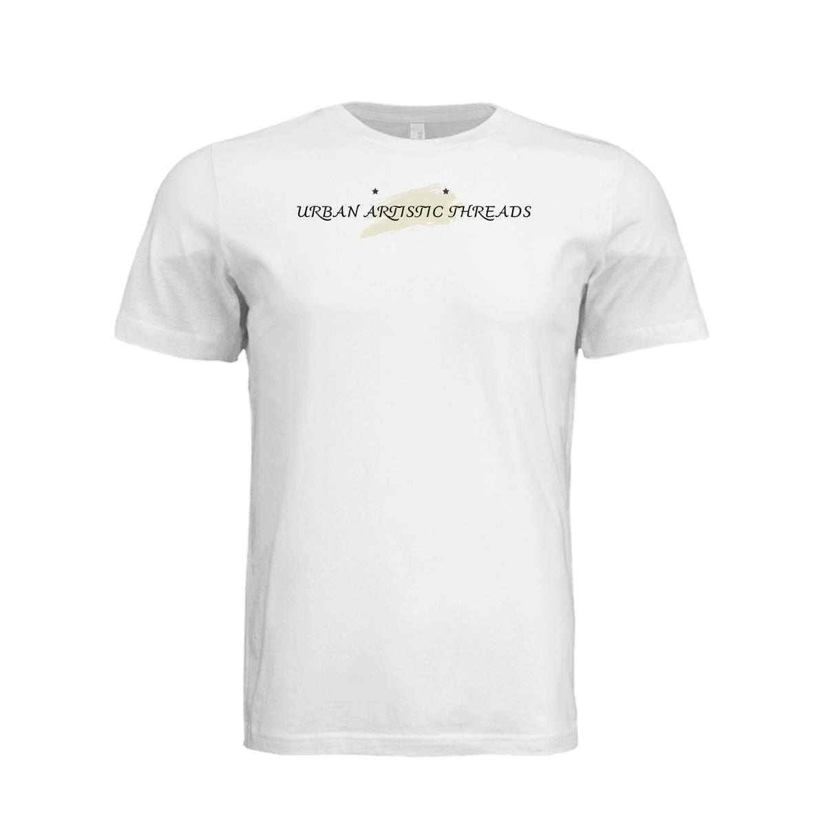 White Urban Artistic Threads Signature Tee featuring a minimalist beige paint-stroke emblem and black text chest logo.