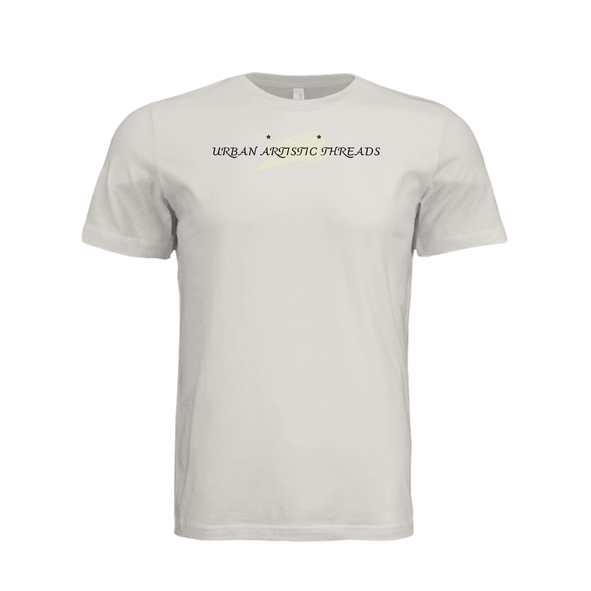 White Urban Artistic Threads Signature Tee featuring a minimalist yellow paint-stroke emblem and small stars across the chest.