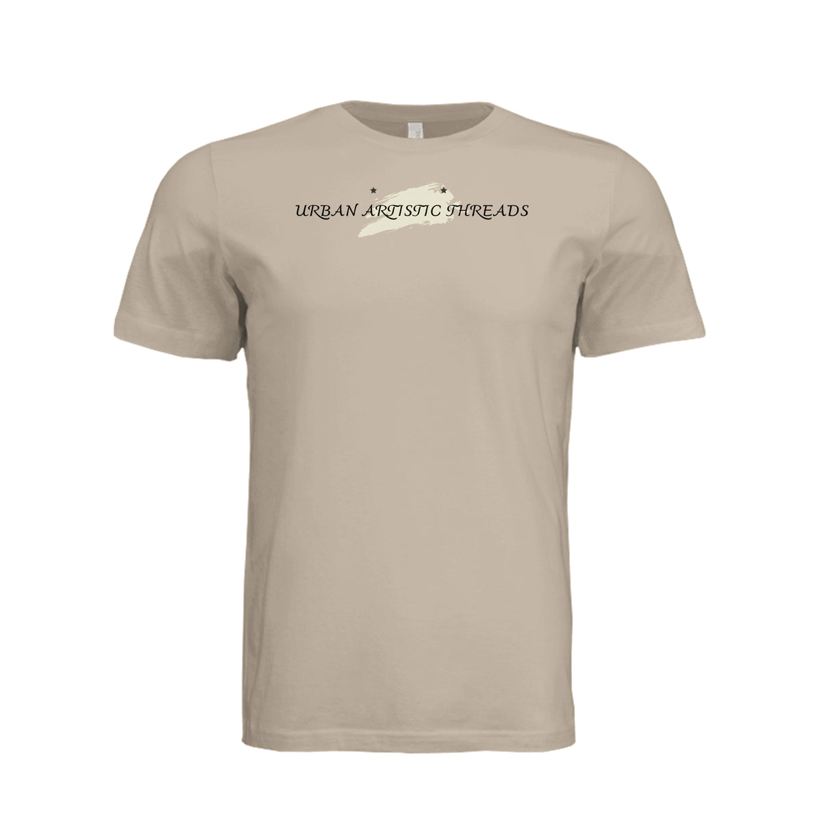 Beige Urban Artistic Threads signature tee featuring a minimalist paint-stroke emblem and small stars on the chest.